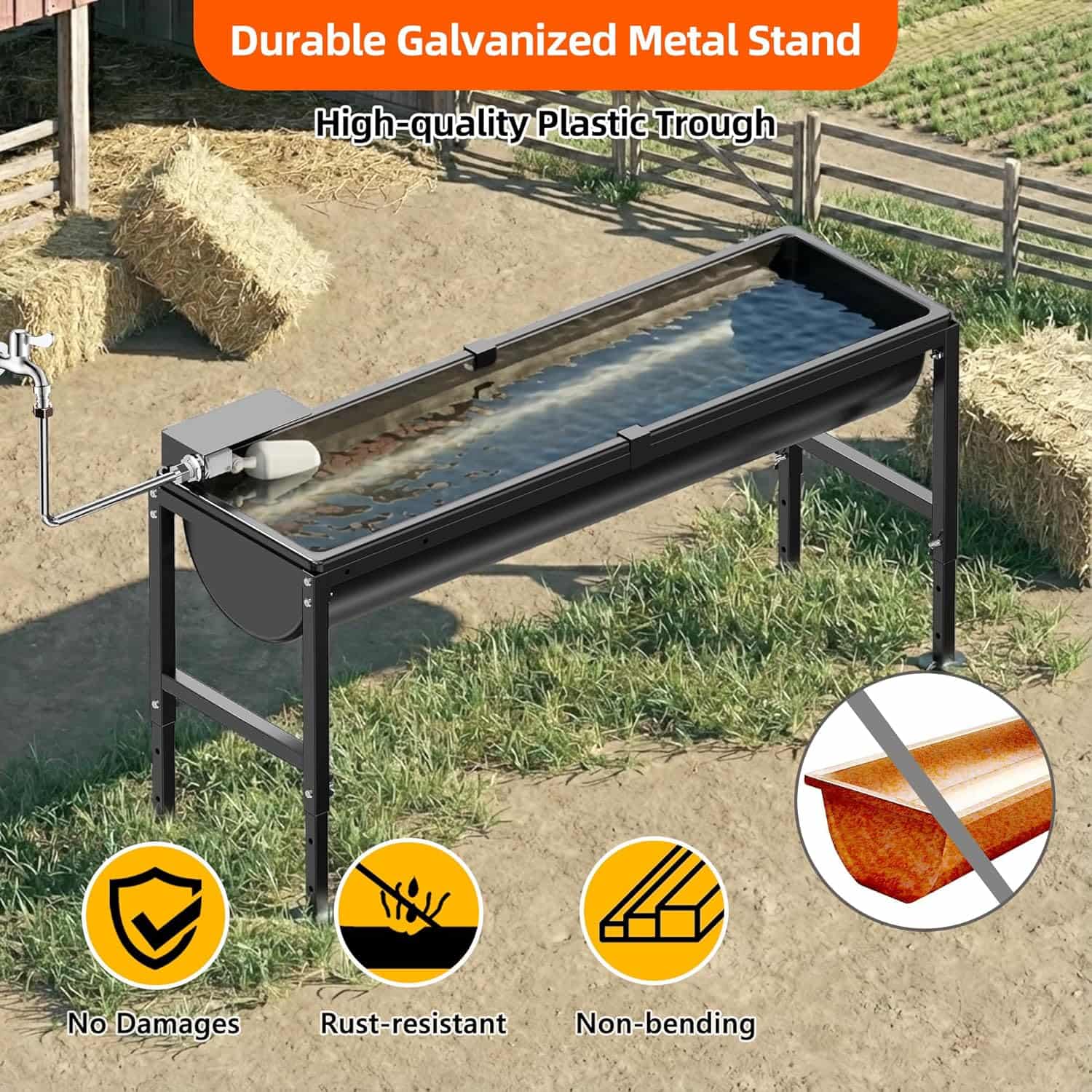 Bebedero automatico para caballos y ovejas de 42 litros con conexion a agua y soporte galvanizado