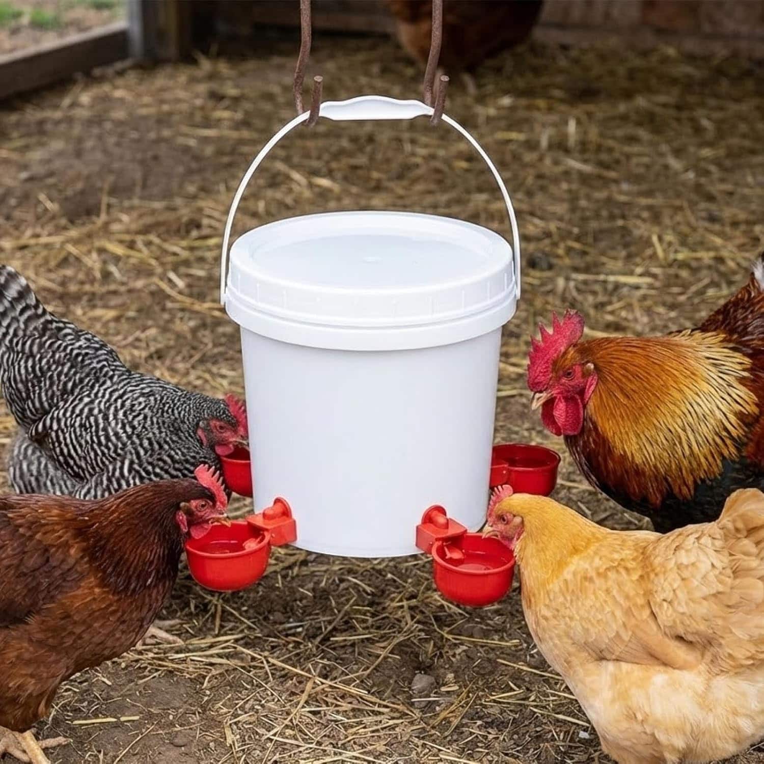 Bebedero de crianza 4 litros con soporte de patas ajustables para gallinas y patos tazas y niples.