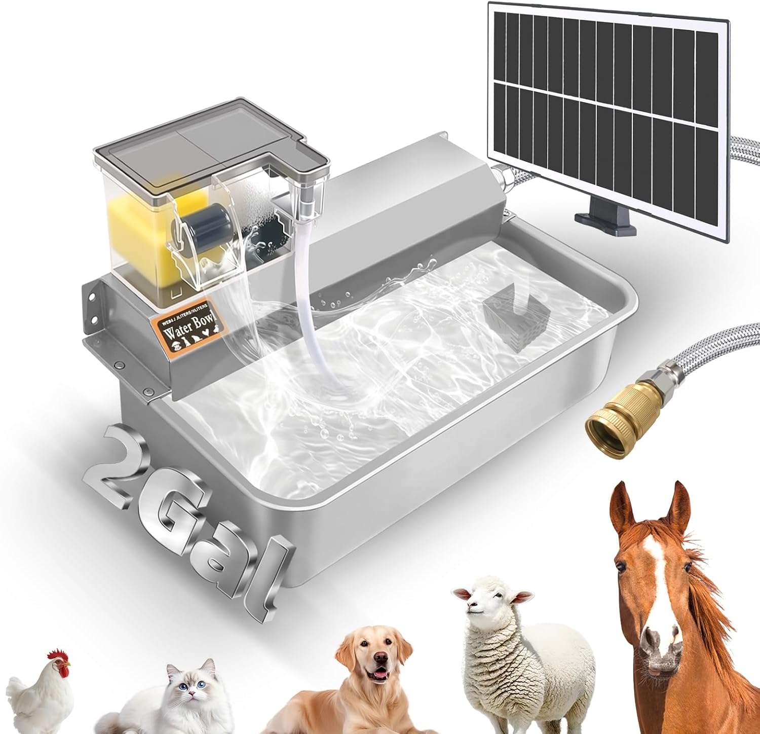 Bebedero solar de exterior de 3 litros en acero inoxidable para perros y ganado con sistema de relleno automatico.