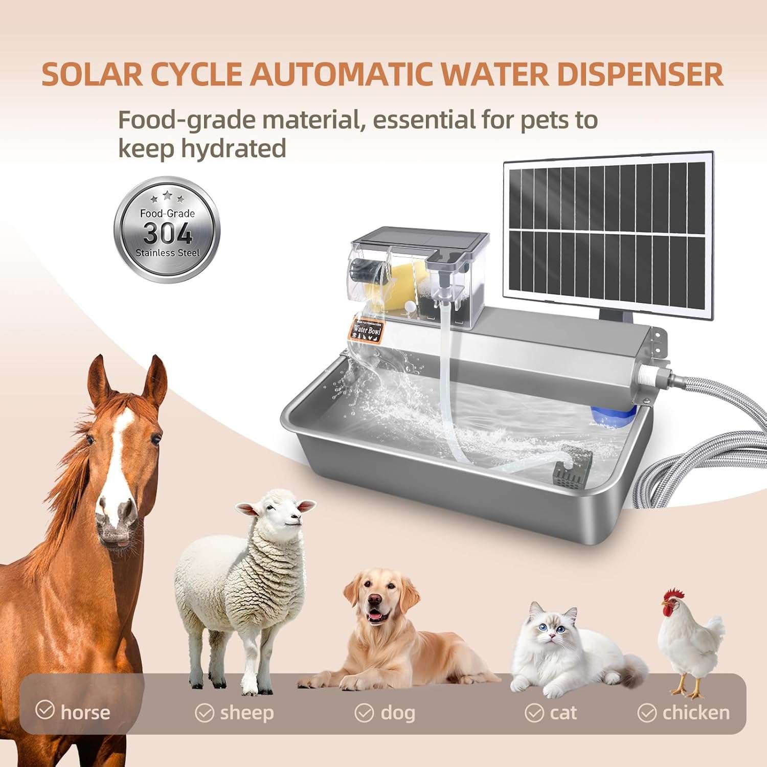 Bebedero solar de exterior de 3 litros en acero inoxidable para perros y ganado con sistema de relleno automatico.