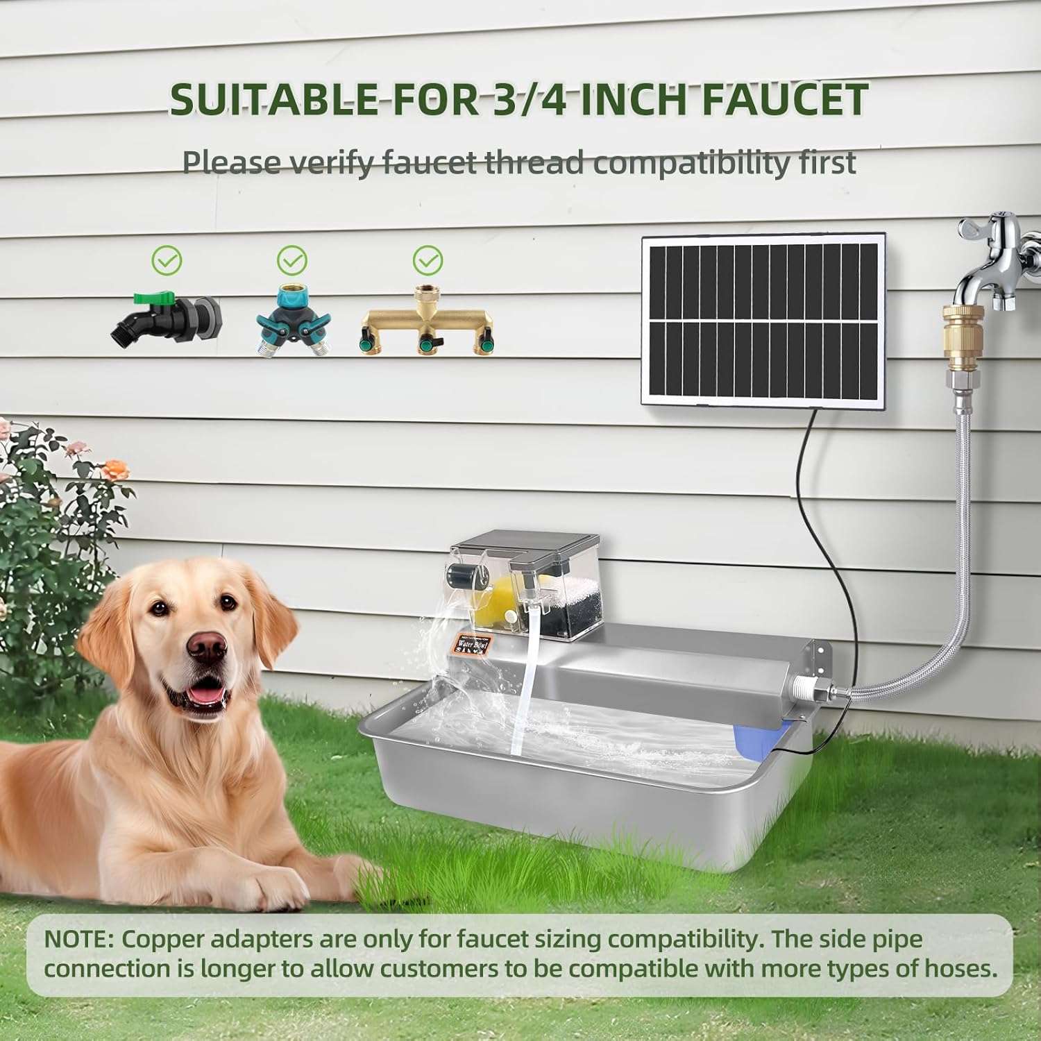 Bebedero solar de exterior de 3 litros en acero inoxidable para perros y ganado con sistema de relleno automatico.