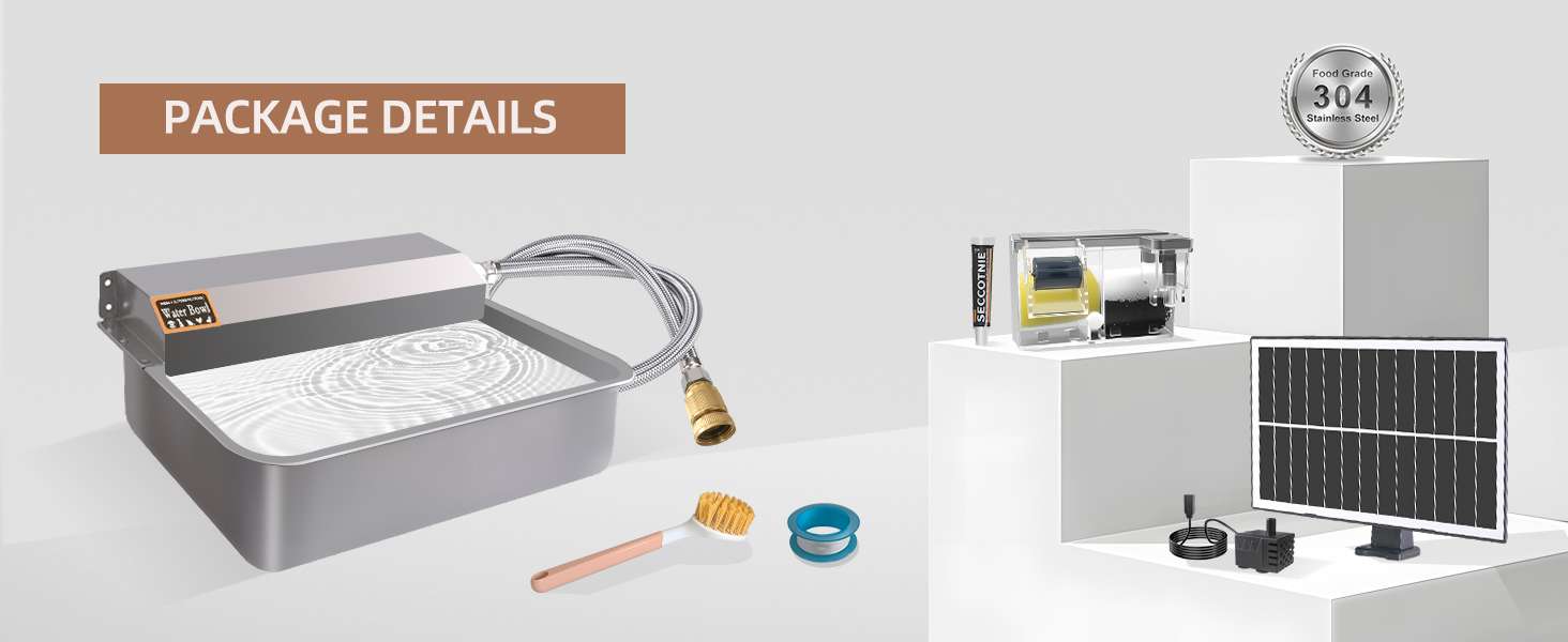 Bebedero solar de exterior de 3 litros en acero inoxidable para perros y ganado con sistema de relleno automatico.