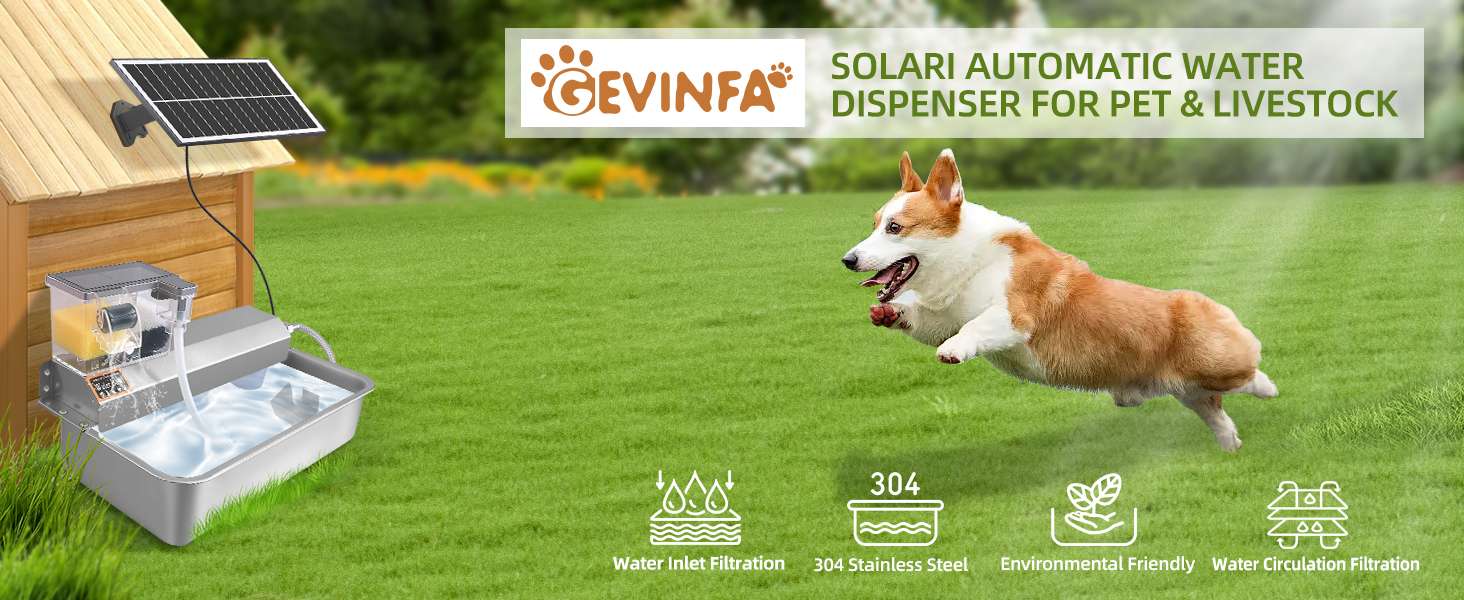 Bebedero solar de exterior de 3 litros en acero inoxidable para perros y ganado con sistema de relleno automatico.