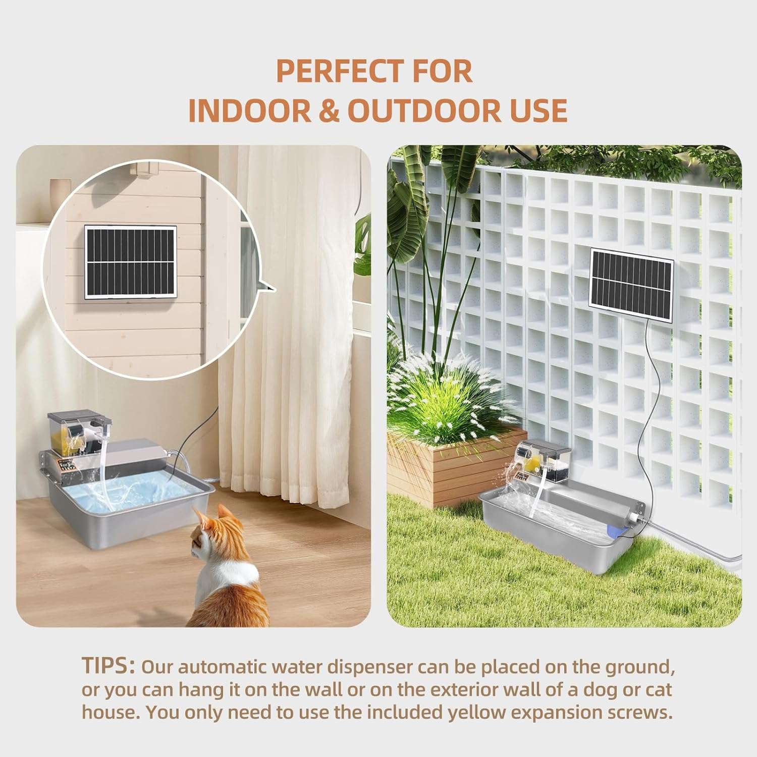 Bebedero solar de exterior de 3 litros en acero inoxidable para perros y ganado con sistema de relleno automatico.