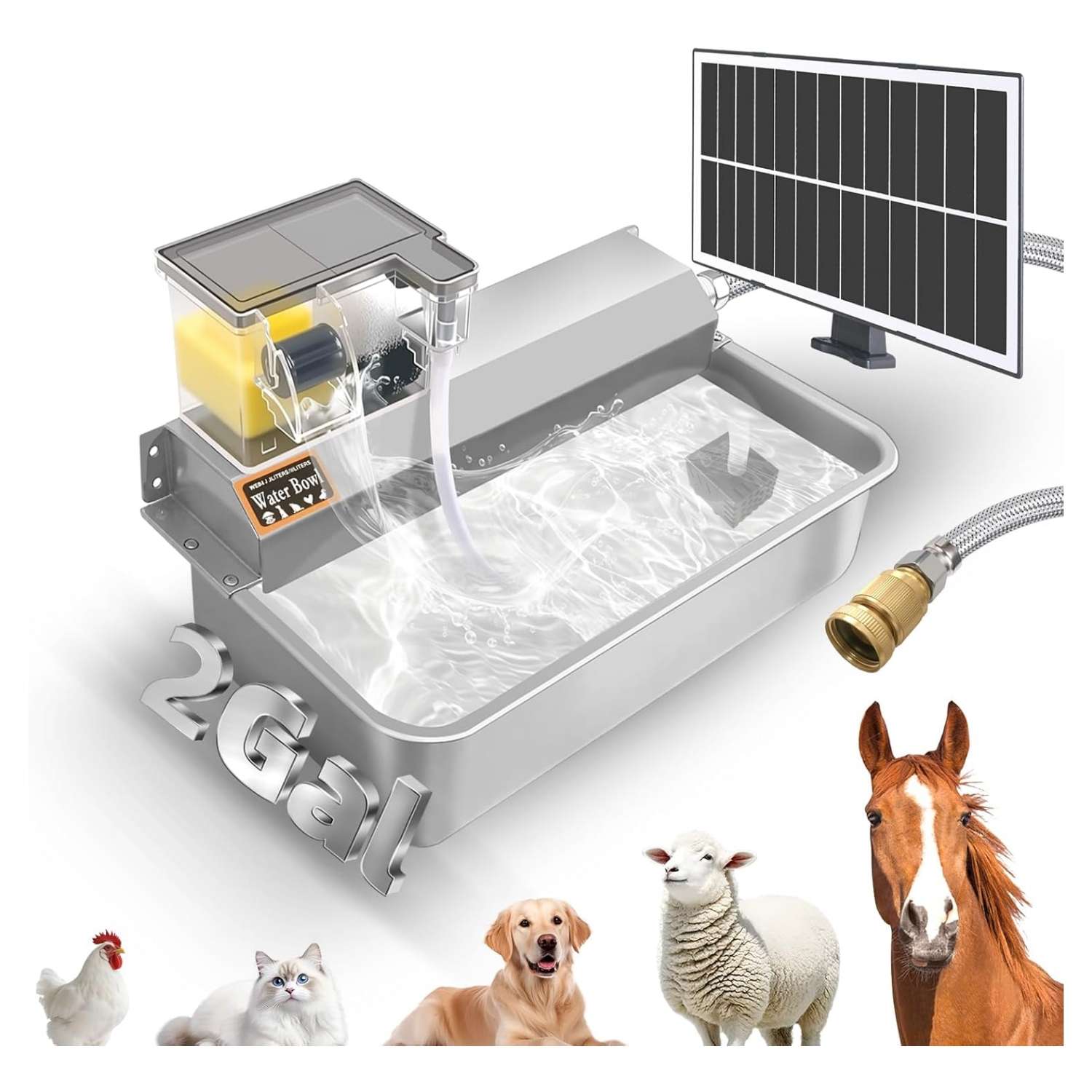 Bebedero solar de exterior de 3 litros en acero inoxidable para perros y ganado con sistema de relleno automatico.