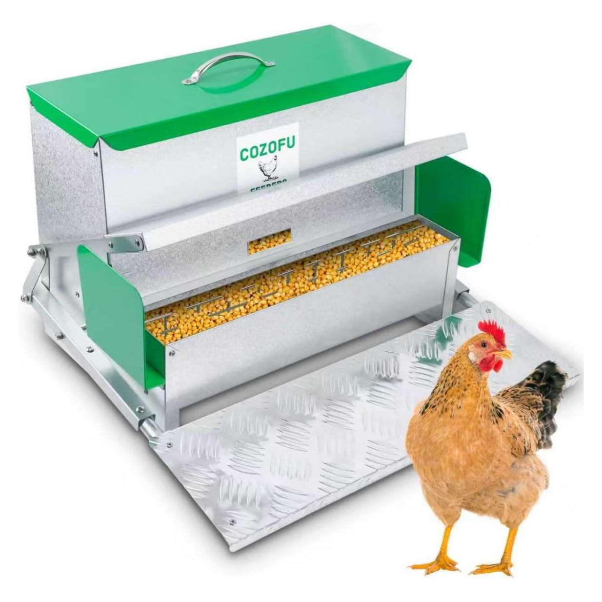 Comedero automatico tipo tolva para gallinas de 11 kg y 18 kg con sistema anti desperdicio.