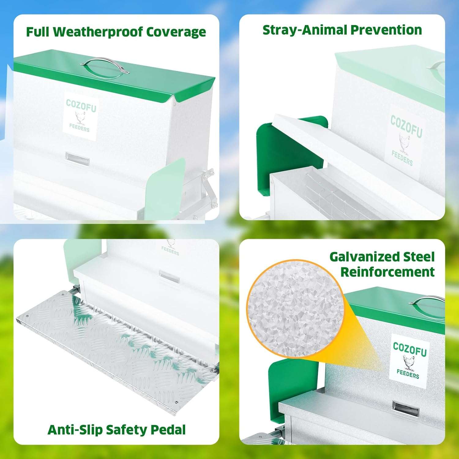 Comedero automatico tipo tolva para gallinas de 11 kg y 18 kg con sistema anti desperdicio.