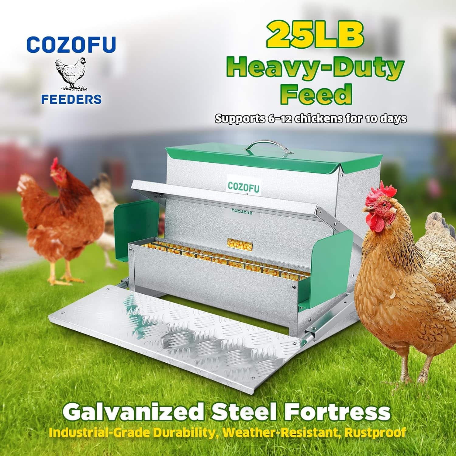 Comedero automatico tipo tolva para gallinas de 11 kg y 18 kg con sistema anti desperdicio.