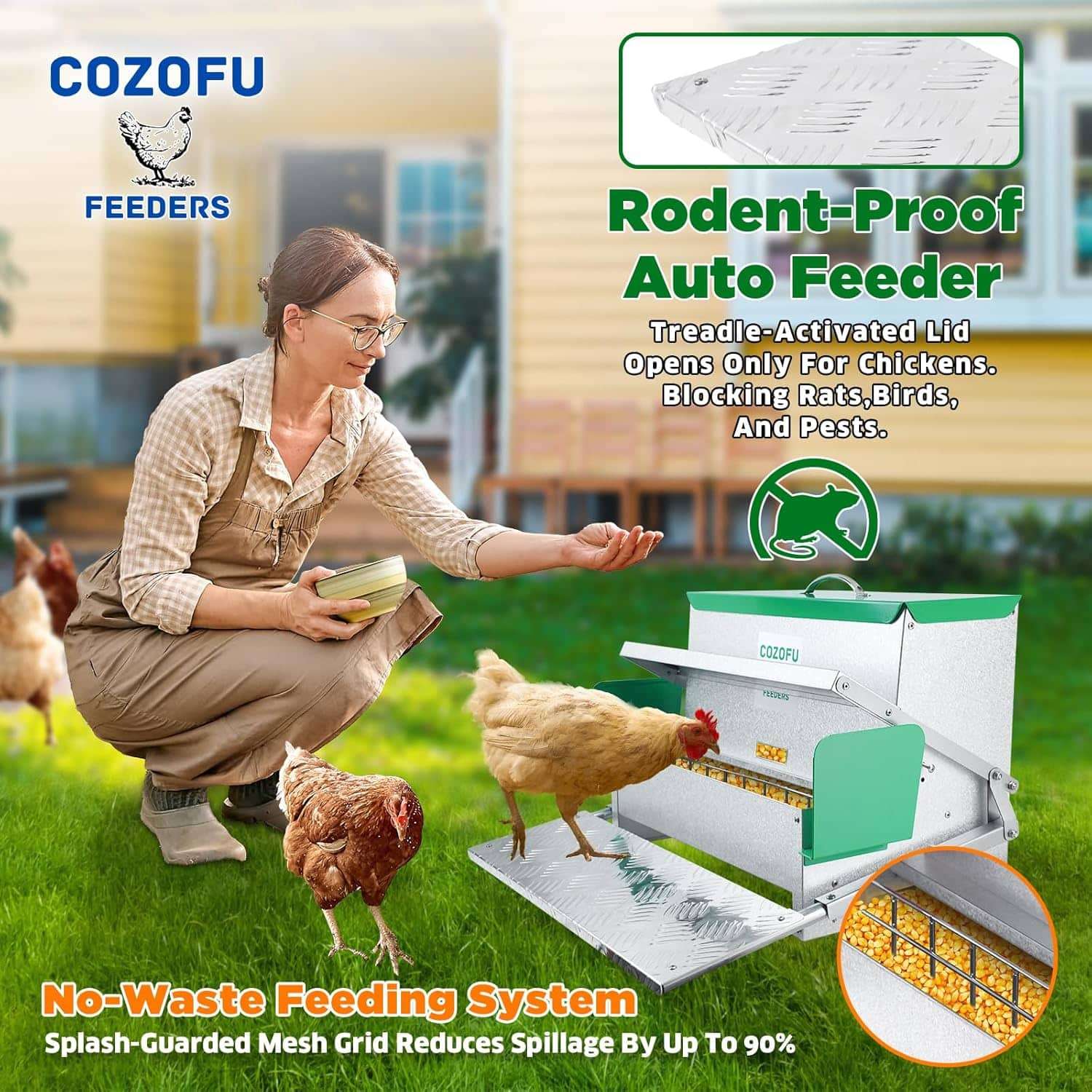 Comedero automatico tipo tolva para gallinas de 11 kg y 18 kg con sistema anti desperdicio.