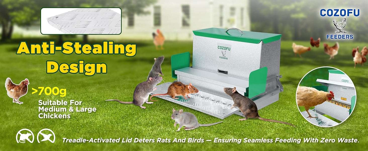 Comedero automatico tipo tolva para gallinas de 11 kg y 18 kg con sistema anti desperdicio.