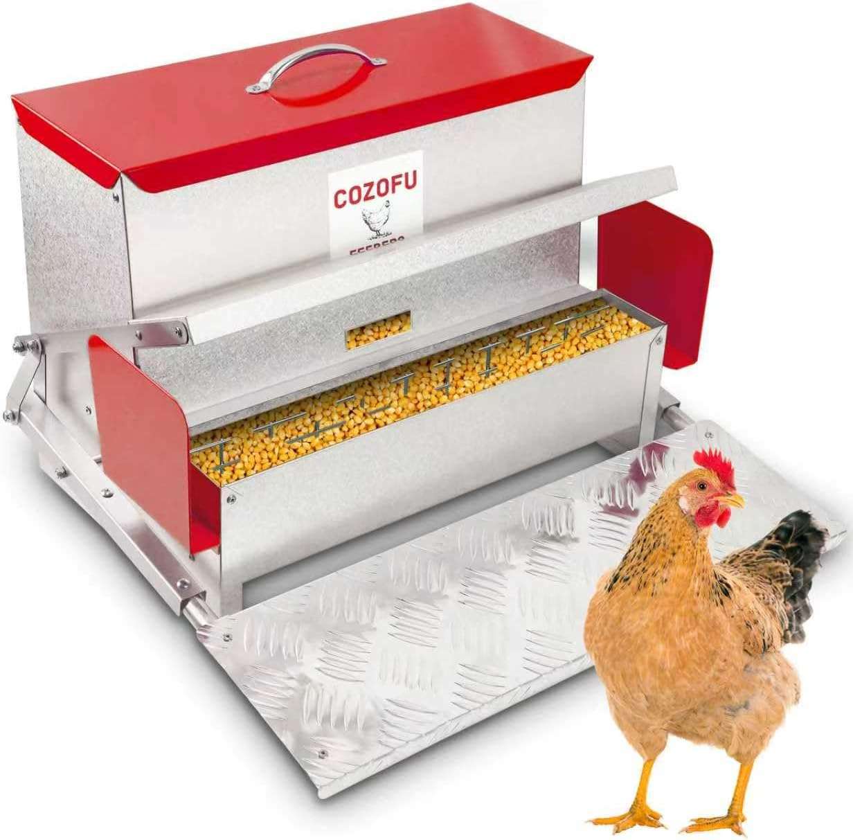 Comedero automatico tipo tolva para gallinas de 11 kg y 18 kg con sistema anti desperdicio.