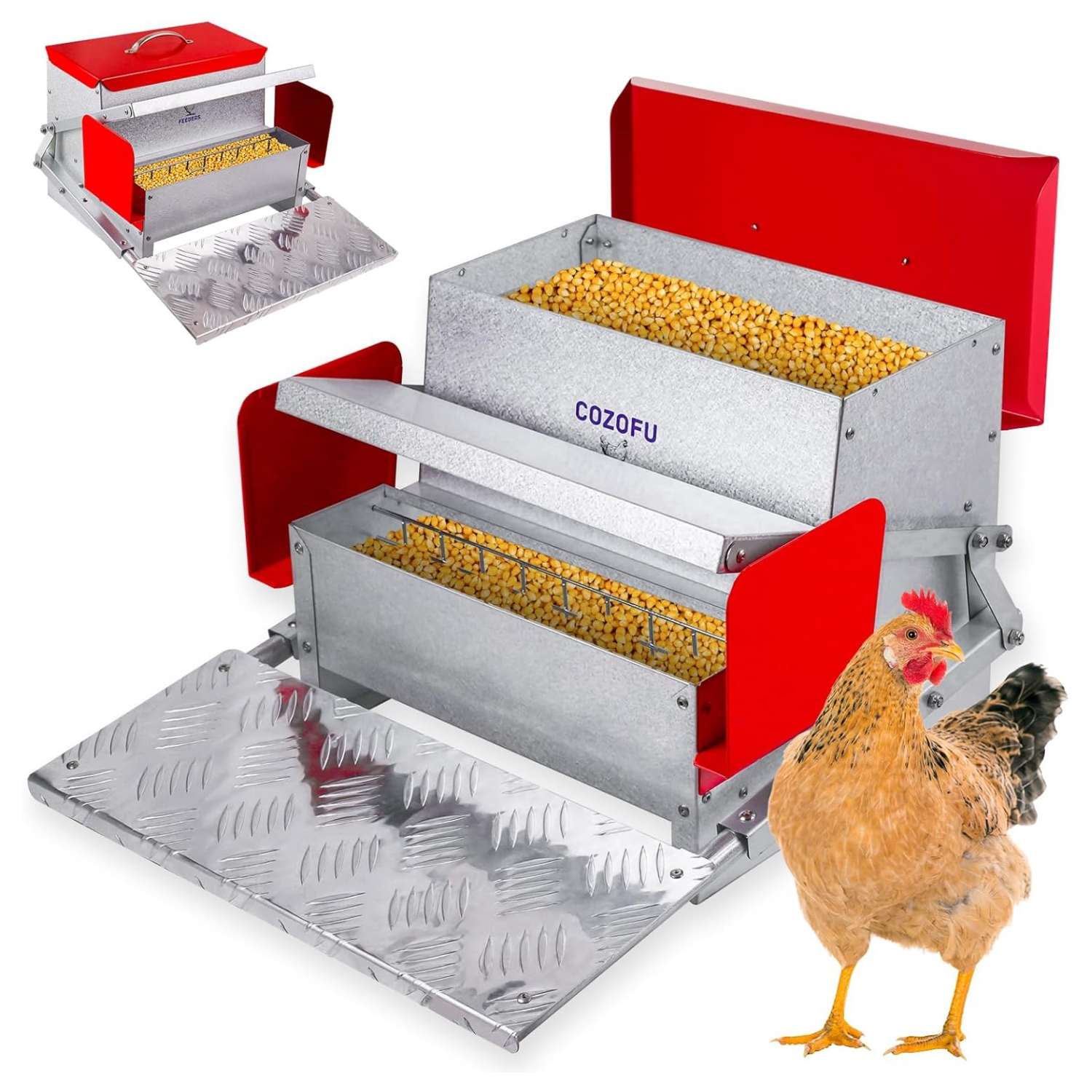 Comedero automatico tipo tolva para gallinas de 11 kg y 18 kg con sistema anti desperdicio.