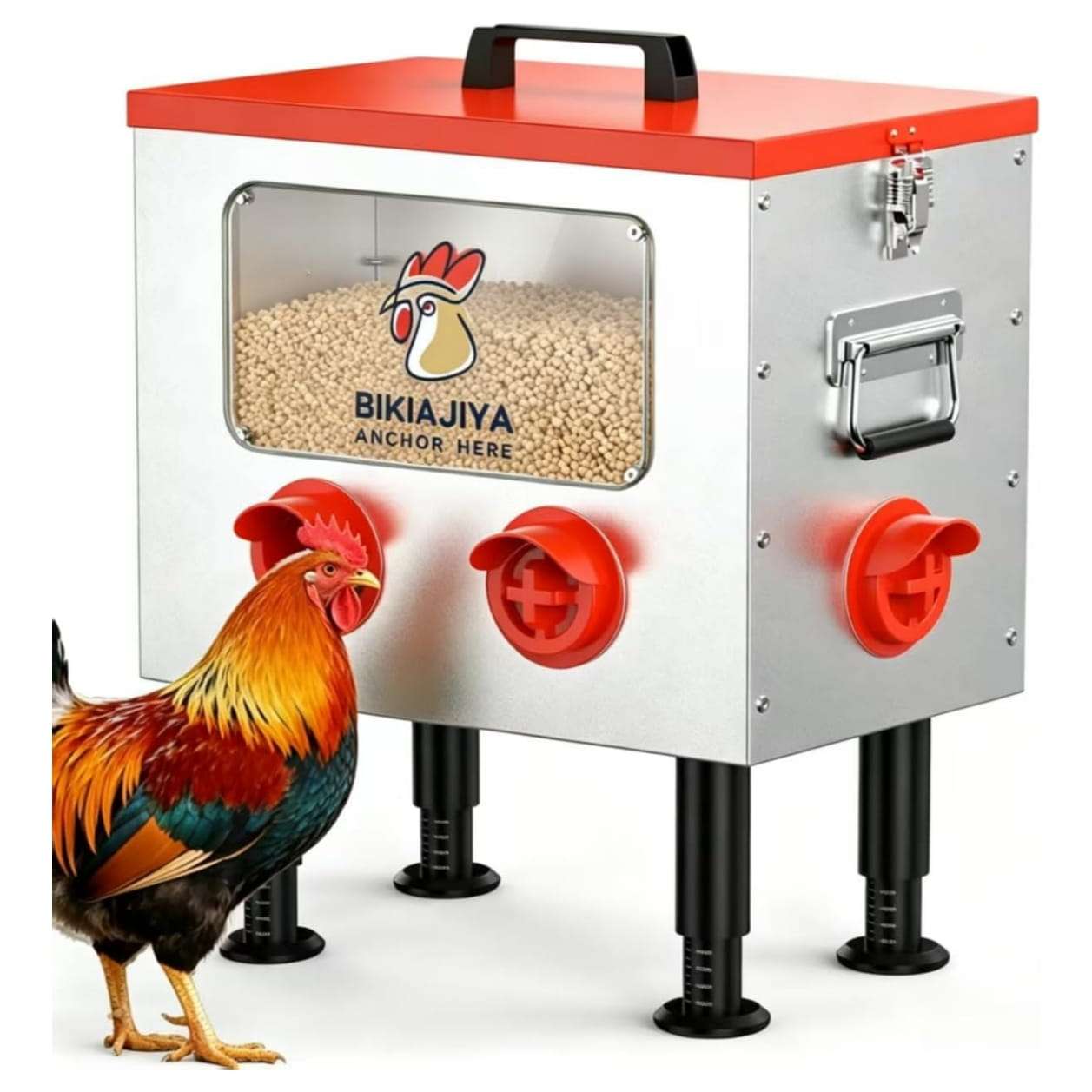 Comedero automatico de 20 kg de acero galvanizado para gallinas con ventana de vision y patas ajustables.