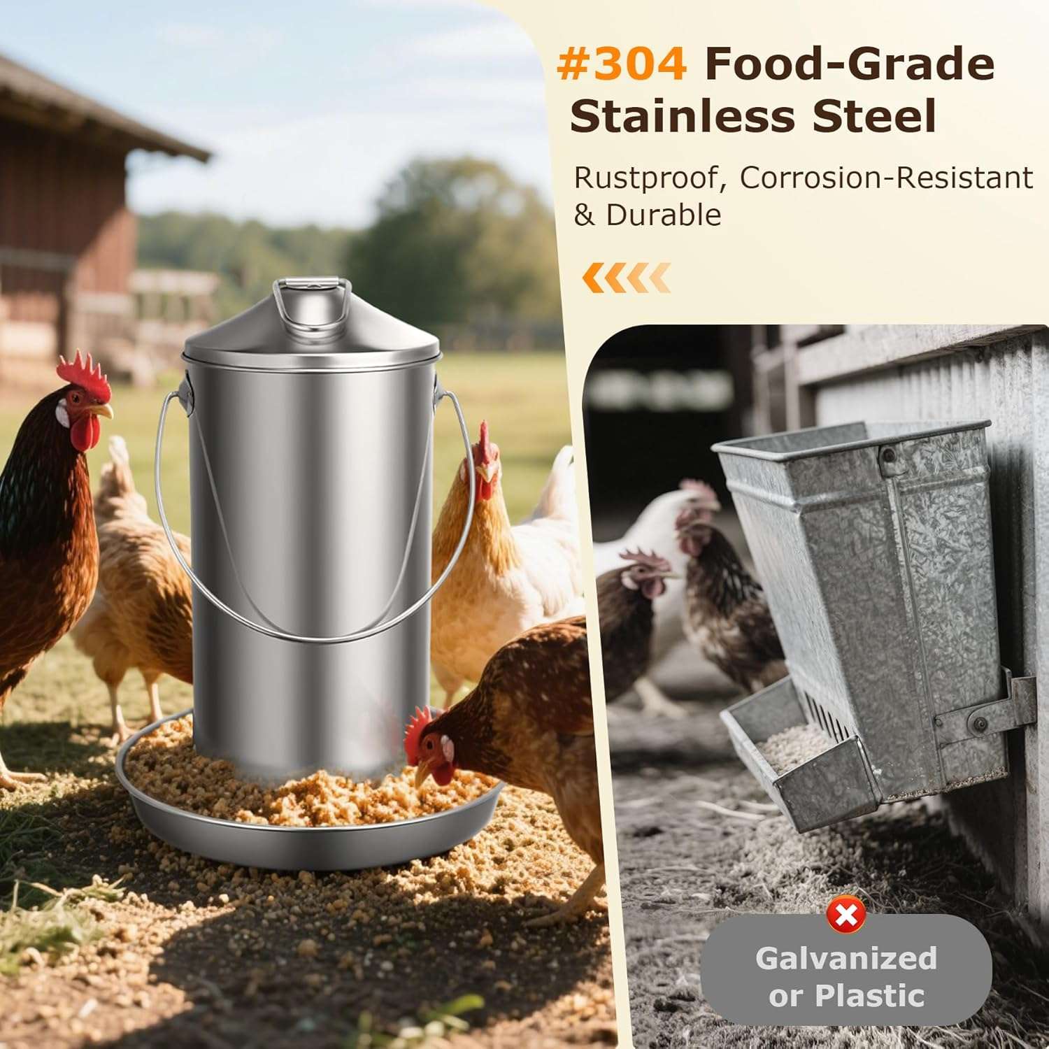 Comedero colgante de 4 kg para gallinas en acero inoxidable 304 resistente a la lluvia y anti desperdicio.