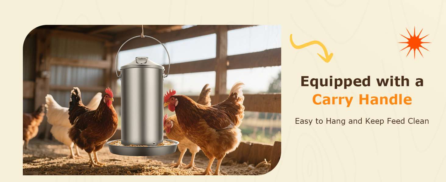 Comedero colgante de 4 kg para gallinas en acero inoxidable 304 resistente a la lluvia y anti desperdicio.