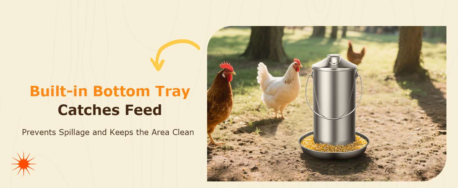 Comedero colgante de 4 kg para gallinas en acero inoxidable 304 resistente a la lluvia y anti desperdicio.