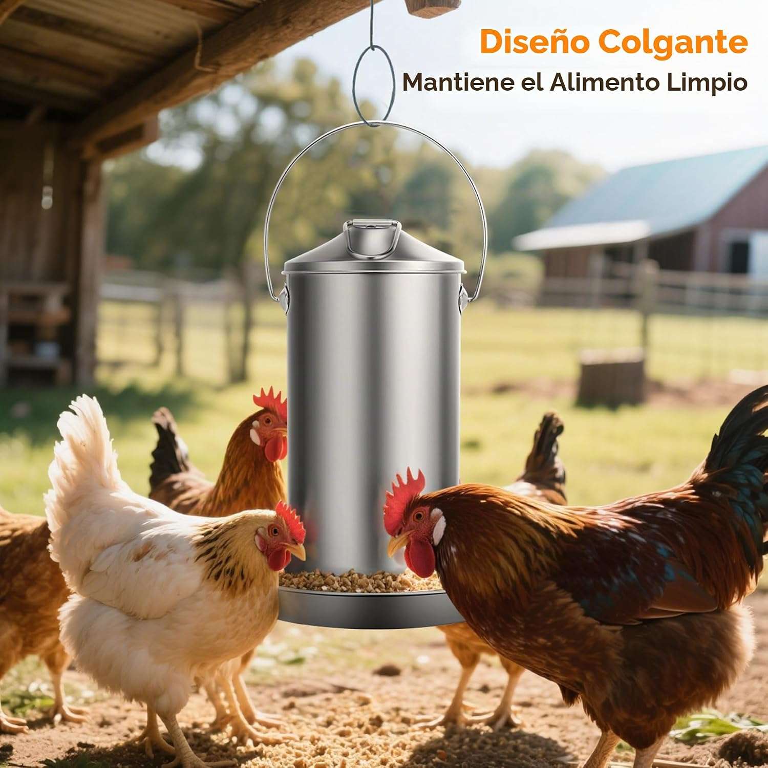 Comedero Colgante Gallinas 4 Kg Acero Inoxidable - Exterior Anti Desperdicio - Imagen 8