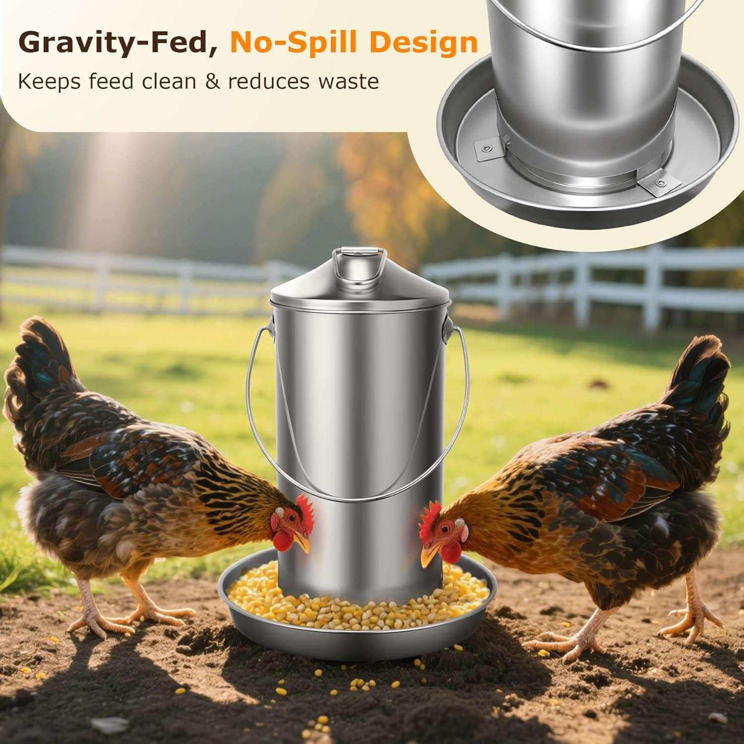 Comedero colgante de 4 kg para gallinas en acero inoxidable 304 resistente a la lluvia y anti desperdicio.