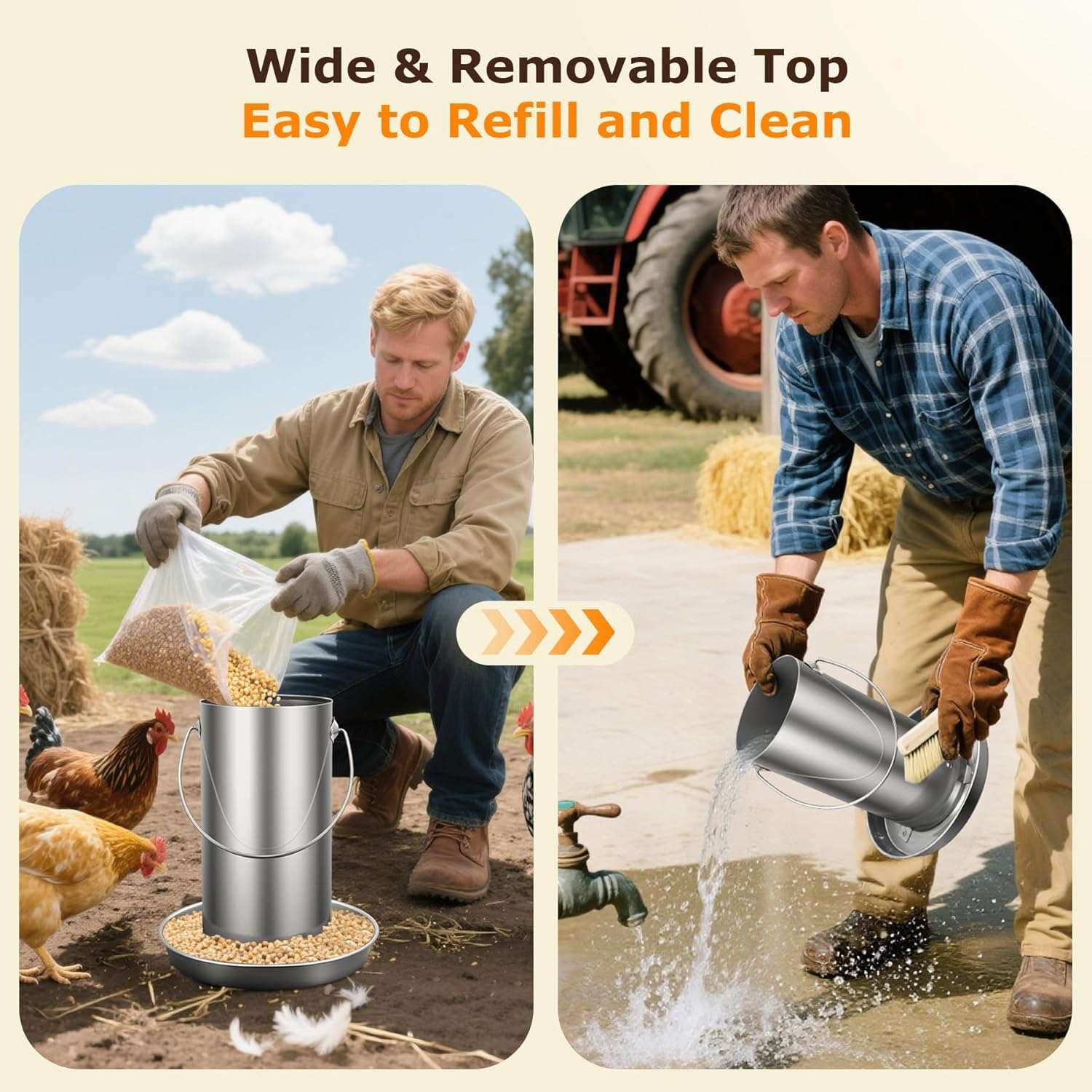 Comedero colgante de 4 kg para gallinas en acero inoxidable 304 resistente a la lluvia y anti desperdicio.