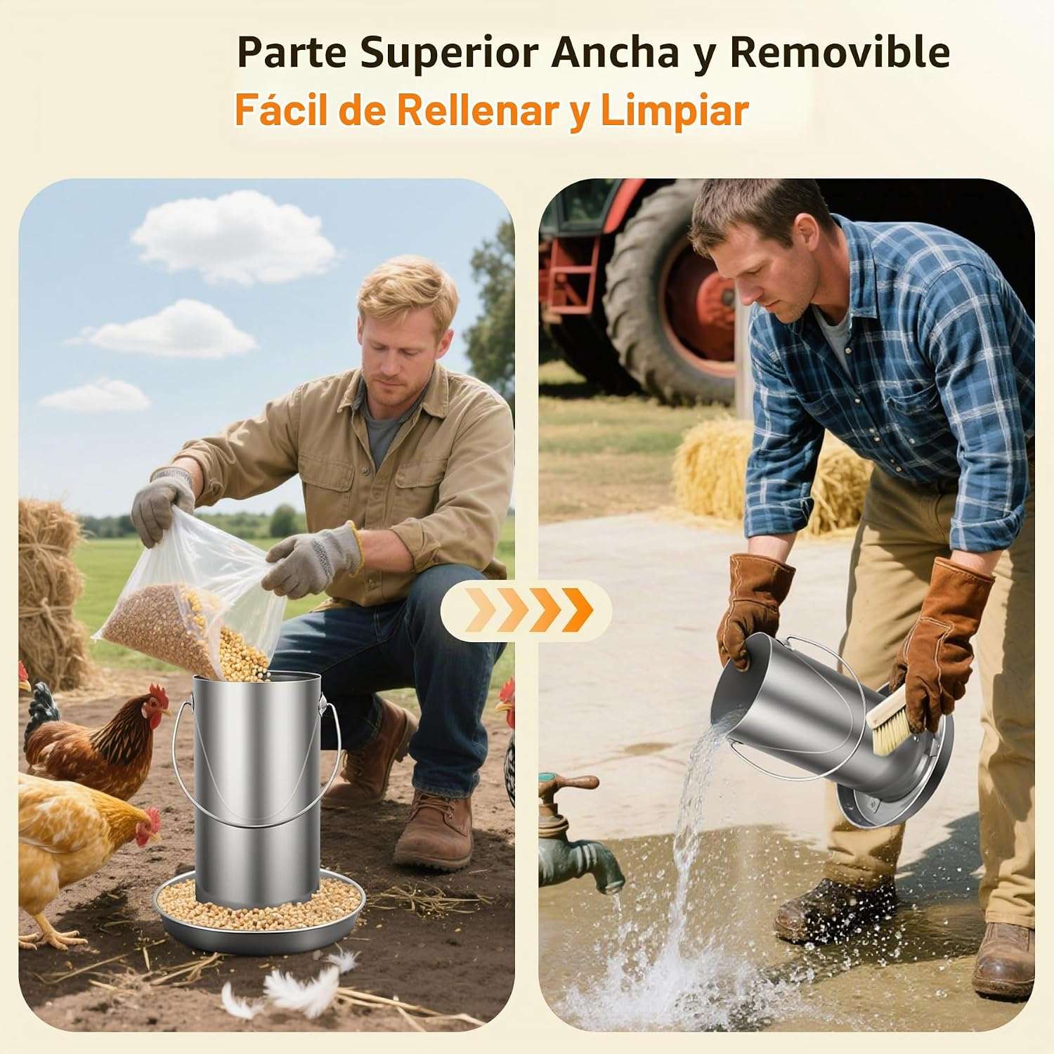 Comedero colgante de 4 kg para gallinas en acero inoxidable 304 resistente a la lluvia y anti desperdicio.