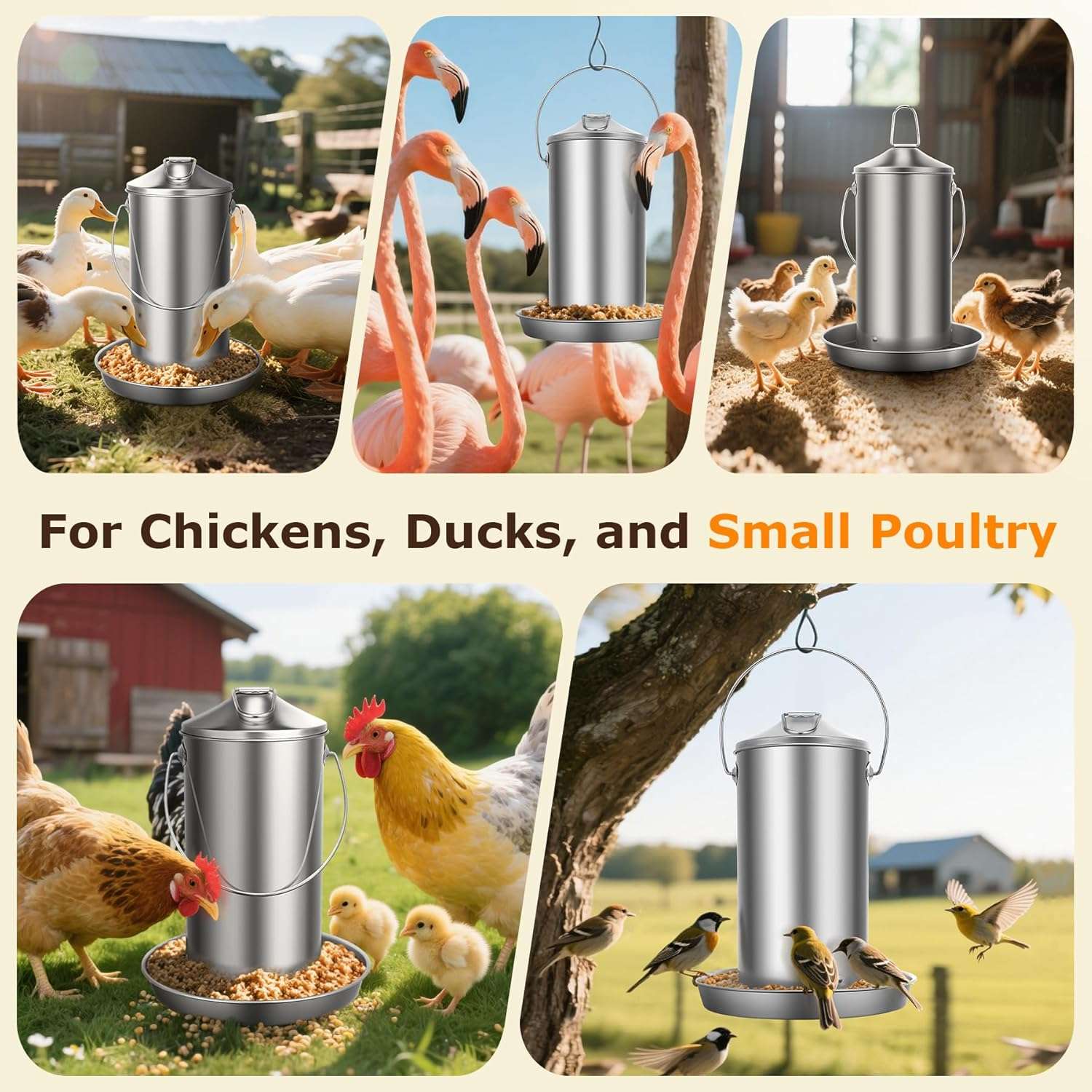 Comedero colgante de 4 kg para gallinas en acero inoxidable 304 resistente a la lluvia y anti desperdicio.