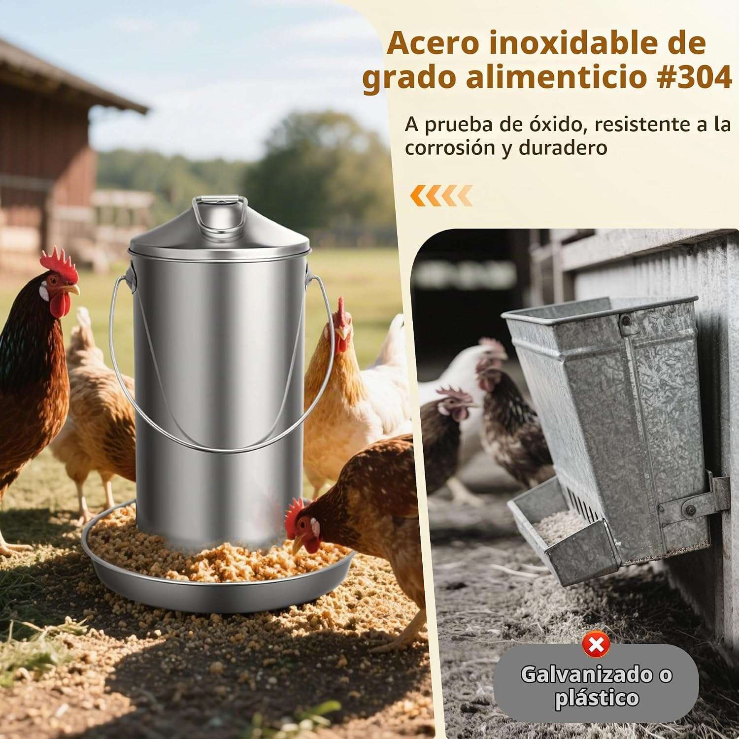 Comedero colgante de 4 kg para gallinas en acero inoxidable 304 resistente a la lluvia y anti desperdicio.
