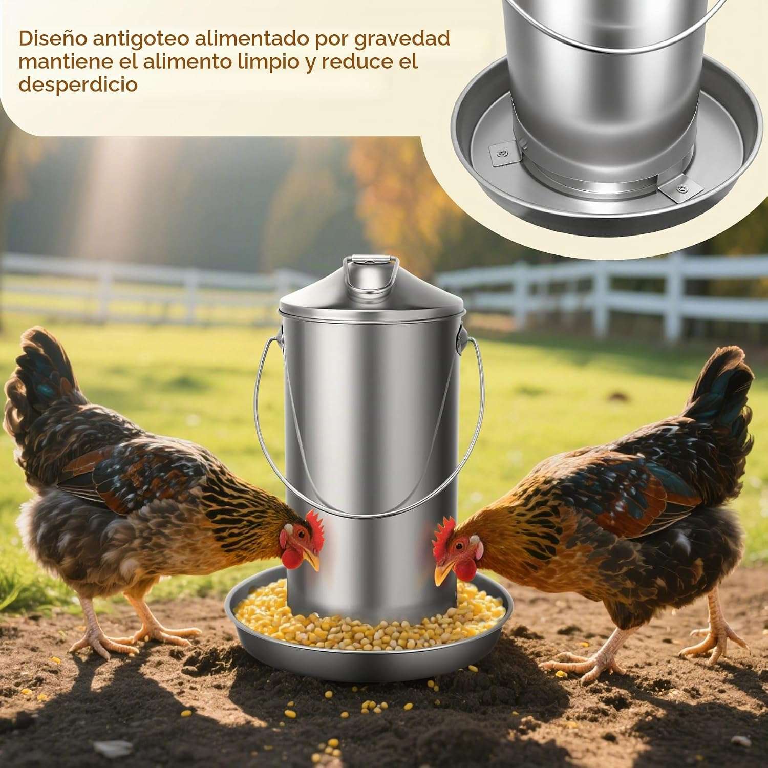 Comedero colgante de 4 kg para gallinas en acero inoxidable 304 resistente a la lluvia y anti desperdicio.