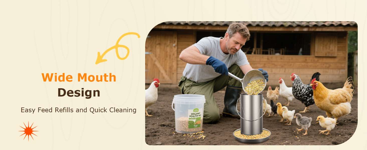 Comedero colgante de 4 kg para gallinas en acero inoxidable 304 resistente a la lluvia y anti desperdicio.