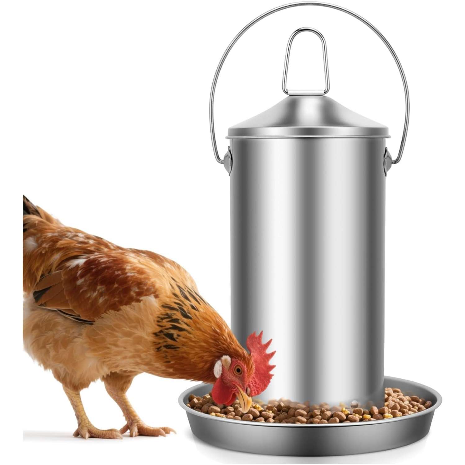 Comedero colgante de 4 kg para gallinas en acero inoxidable 304 resistente a la lluvia y anti desperdicio.