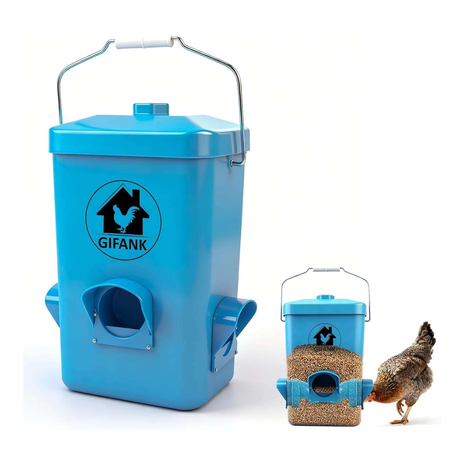 Comedero tolva de 12 kg para gallinas anti lluvia con asa de acero inoxidable y 3 puertos.
