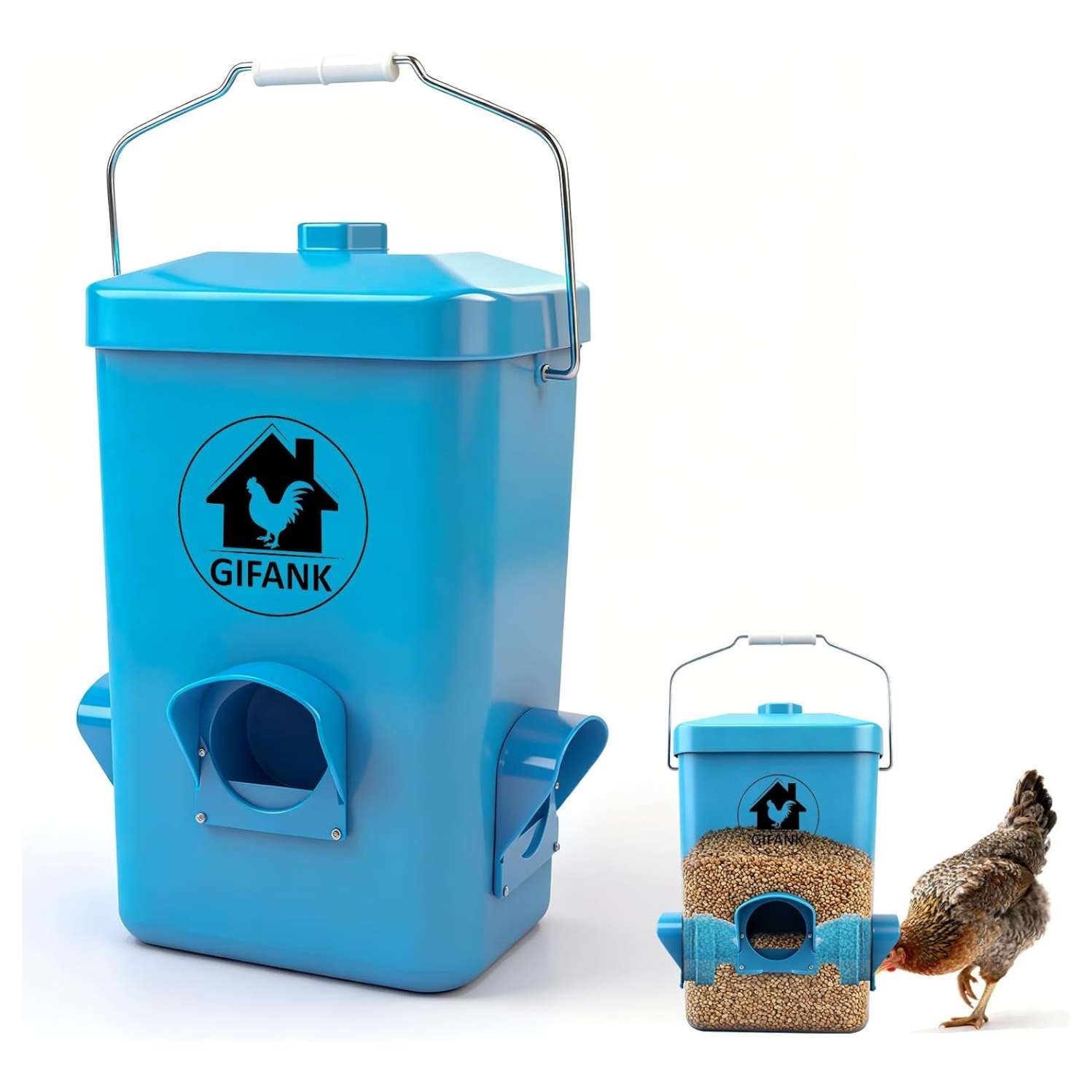Comedero tolva de 12 kg para gallinas anti lluvia con asa de acero inoxidable y 3 puertos.
