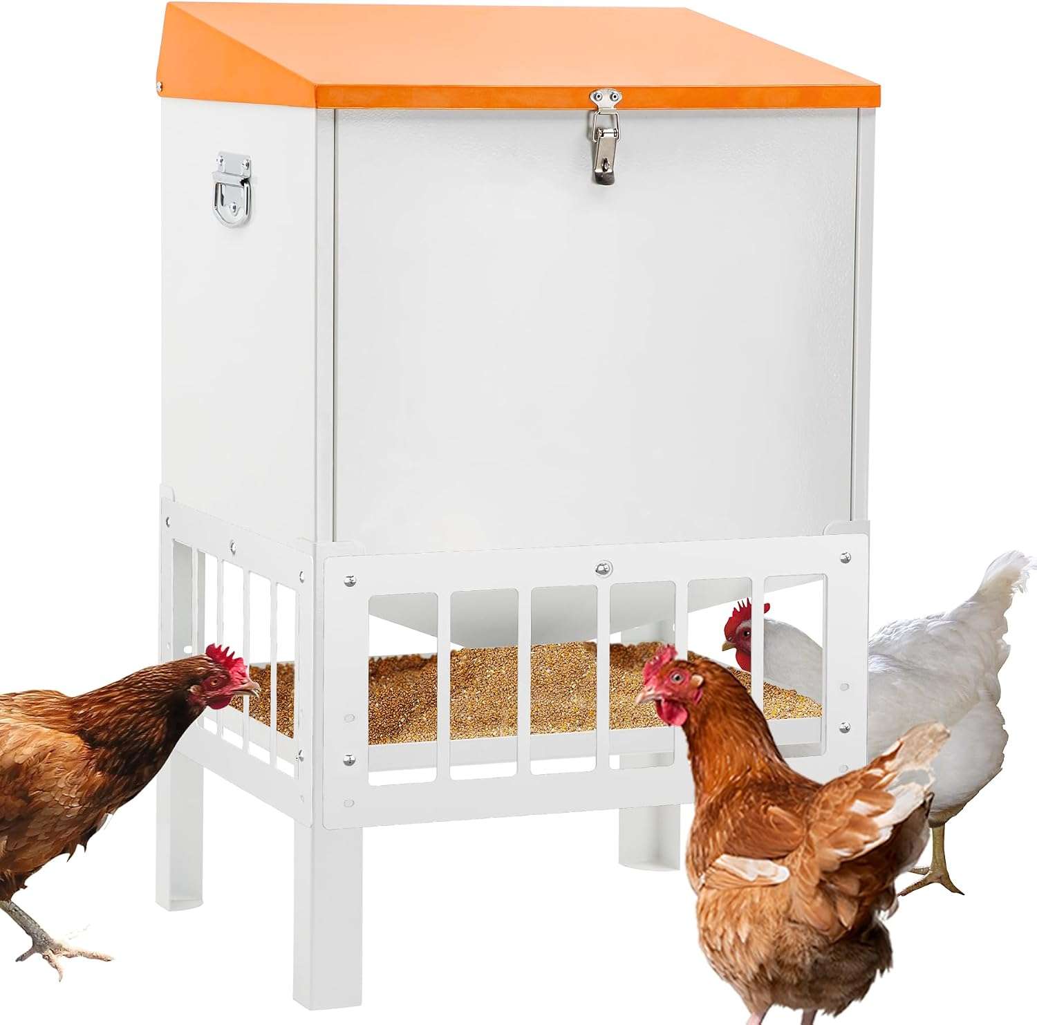 Comedero tolva de acero para gallinas de 23 y 38 kg con tapa inclinada anti posado y gran capacidad.