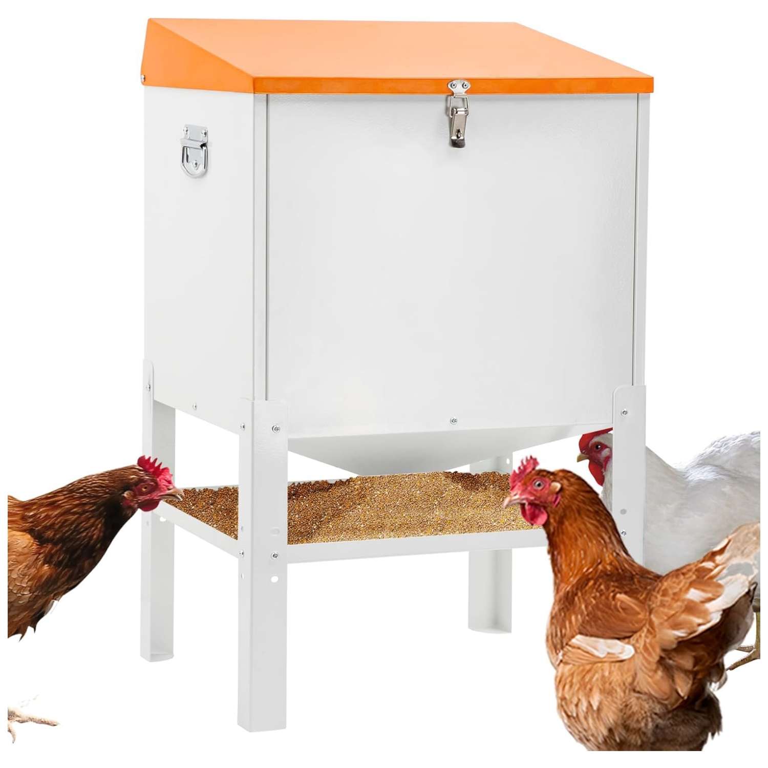 Comedero tolva de acero para gallinas de 23 y 38 kg con tapa inclinada anti posado y gran capacidad.