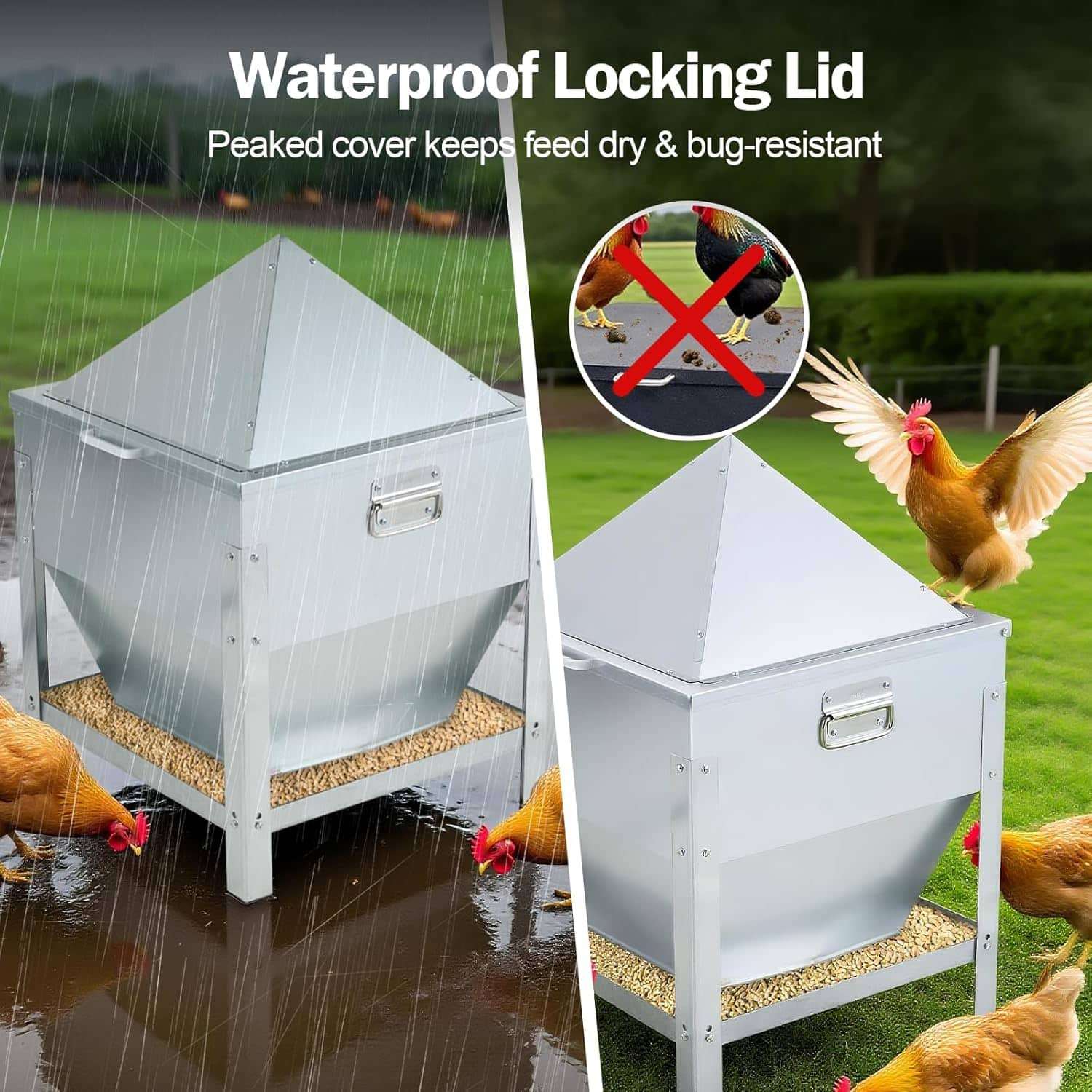 Comedero tolva de 36 kg acero galvanizado con patas elevadas y tapa de bloqueo anti lluvia para gallinas.