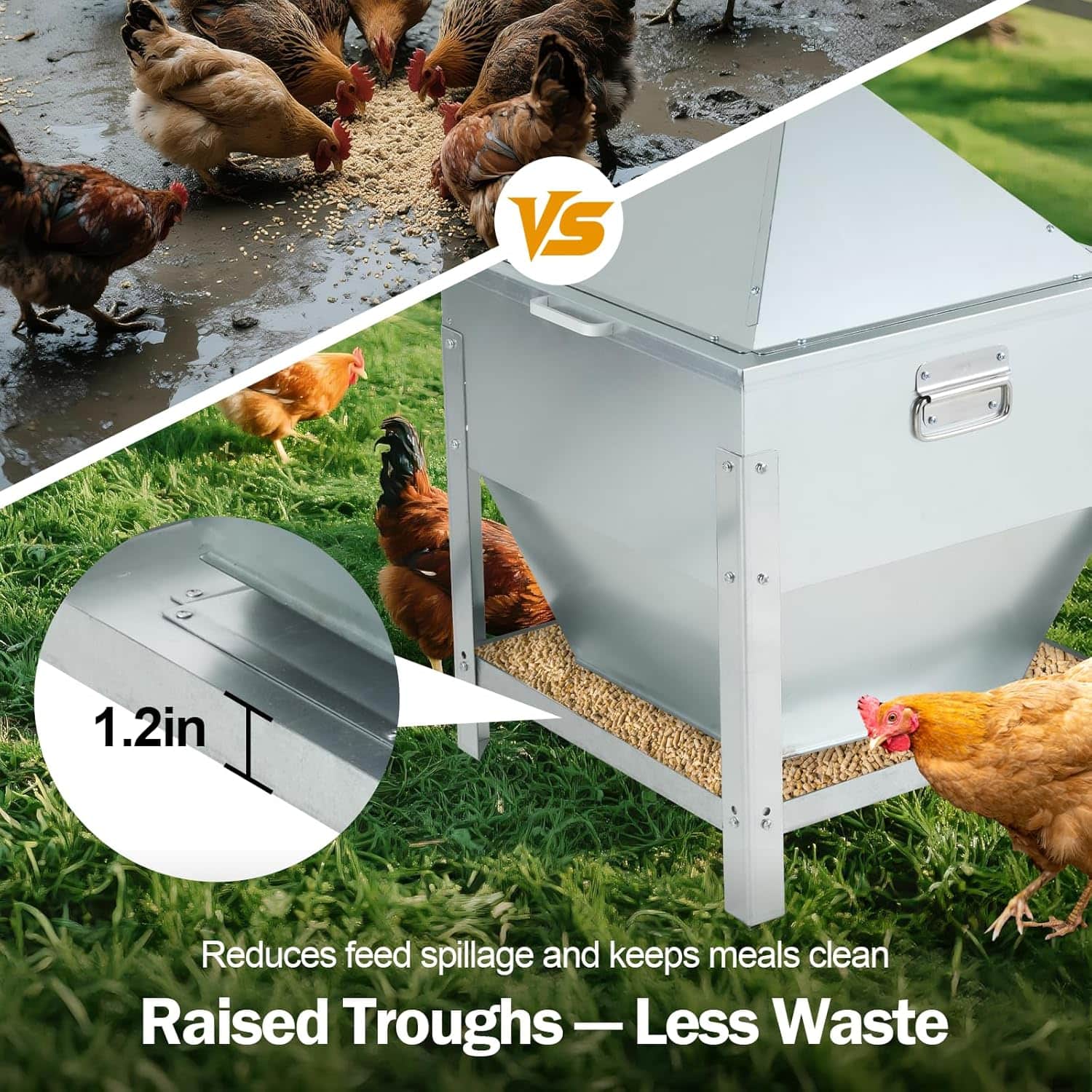 Comedero tolva de 36 kg acero galvanizado con patas elevadas y tapa de bloqueo anti lluvia para gallinas.