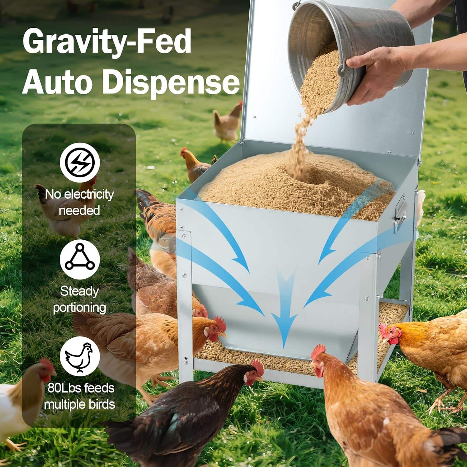 Comedero tolva de 36 kg acero galvanizado con patas elevadas y tapa de bloqueo anti lluvia para gallinas.