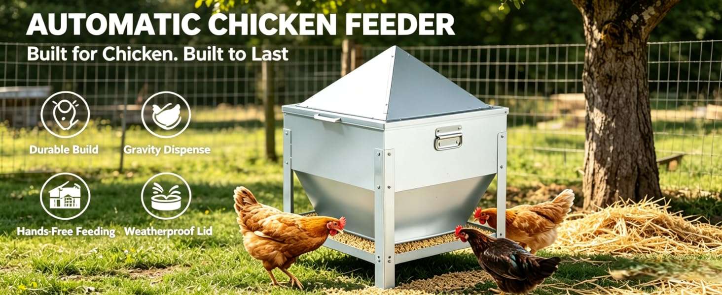 Comedero tolva de 36 kg acero galvanizado con patas elevadas y tapa de bloqueo anti lluvia para gallinas.
