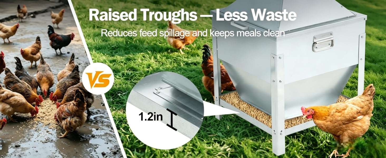 Comedero tolva de 36 kg acero galvanizado con patas elevadas y tapa de bloqueo anti lluvia para gallinas.