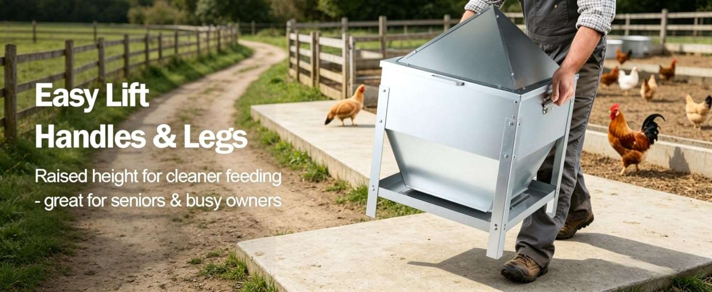 Comedero tolva de 36 kg acero galvanizado con patas elevadas y tapa de bloqueo anti lluvia para gallinas.