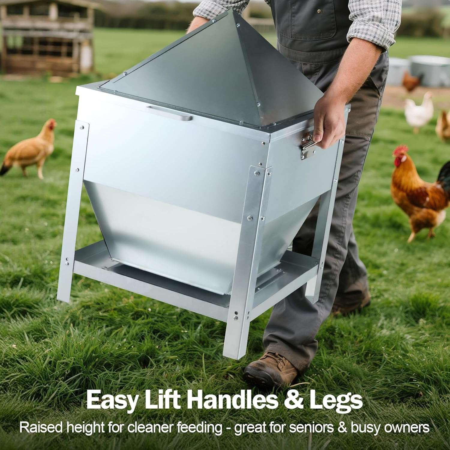 Comedero tolva de 36 kg acero galvanizado con patas elevadas y tapa de bloqueo anti lluvia para gallinas.