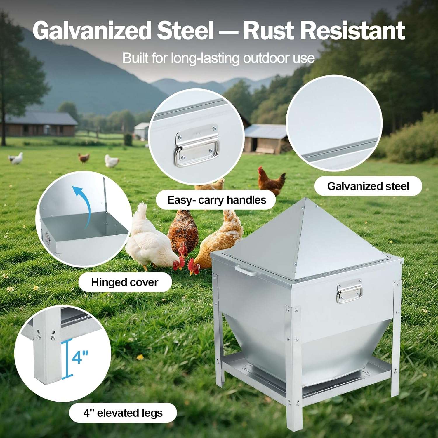 Comedero tolva de 36 kg acero galvanizado con patas elevadas y tapa de bloqueo anti lluvia para gallinas.