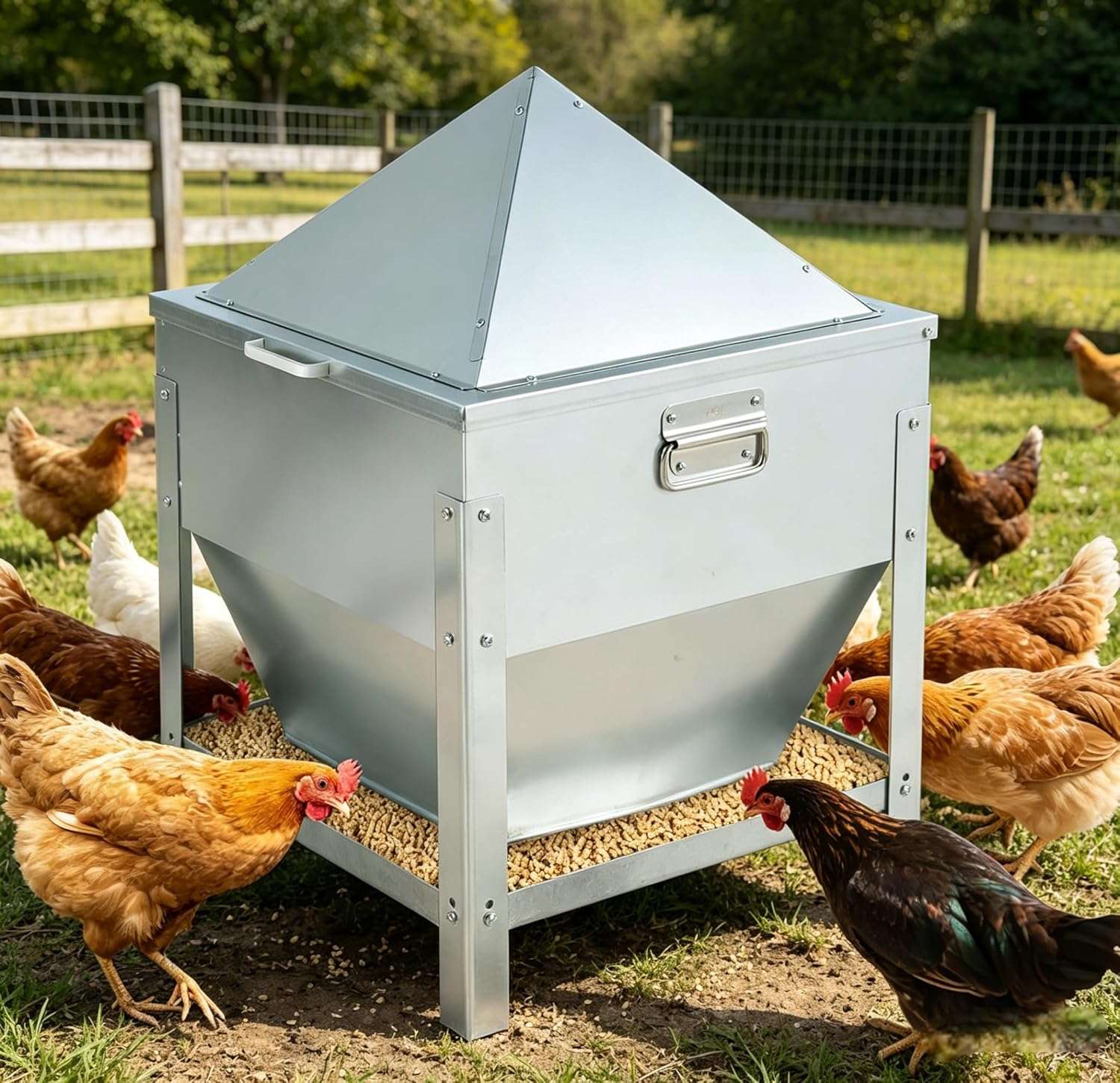 Comedero tolva de 36 kg acero galvanizado con patas elevadas y tapa de bloqueo anti lluvia para gallinas.