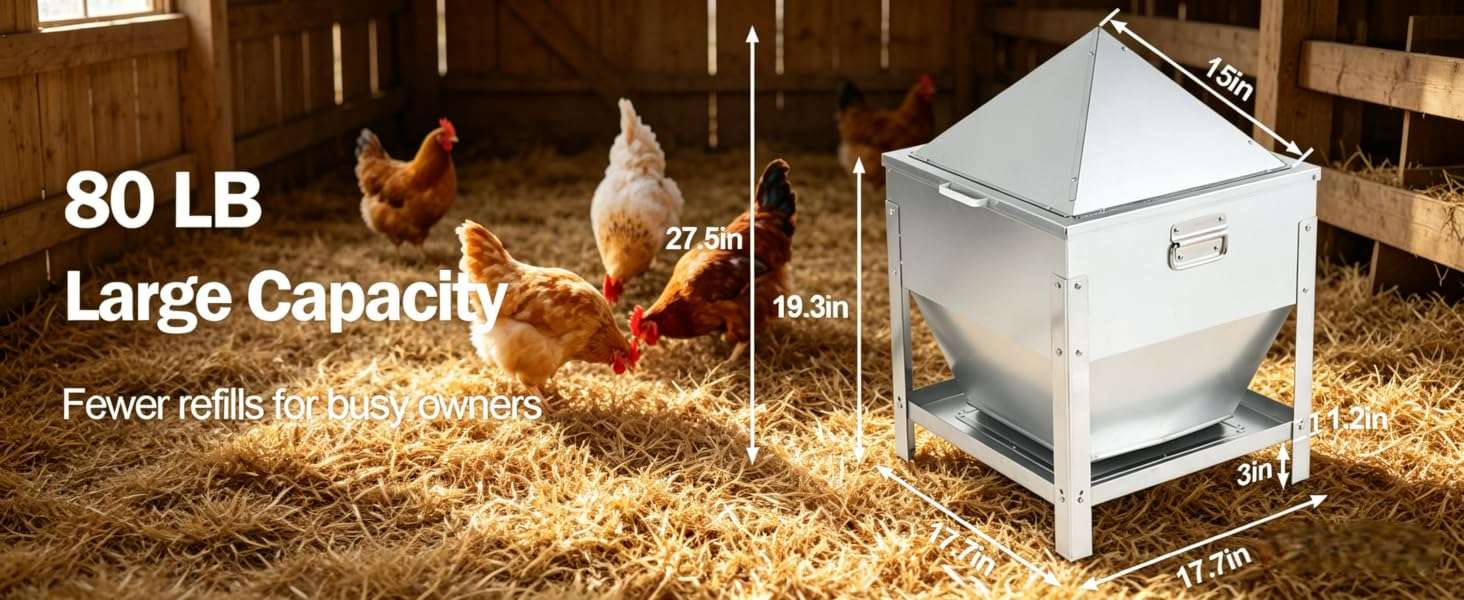 Comedero tolva de 36 kg acero galvanizado con patas elevadas y tapa de bloqueo anti lluvia para gallinas.