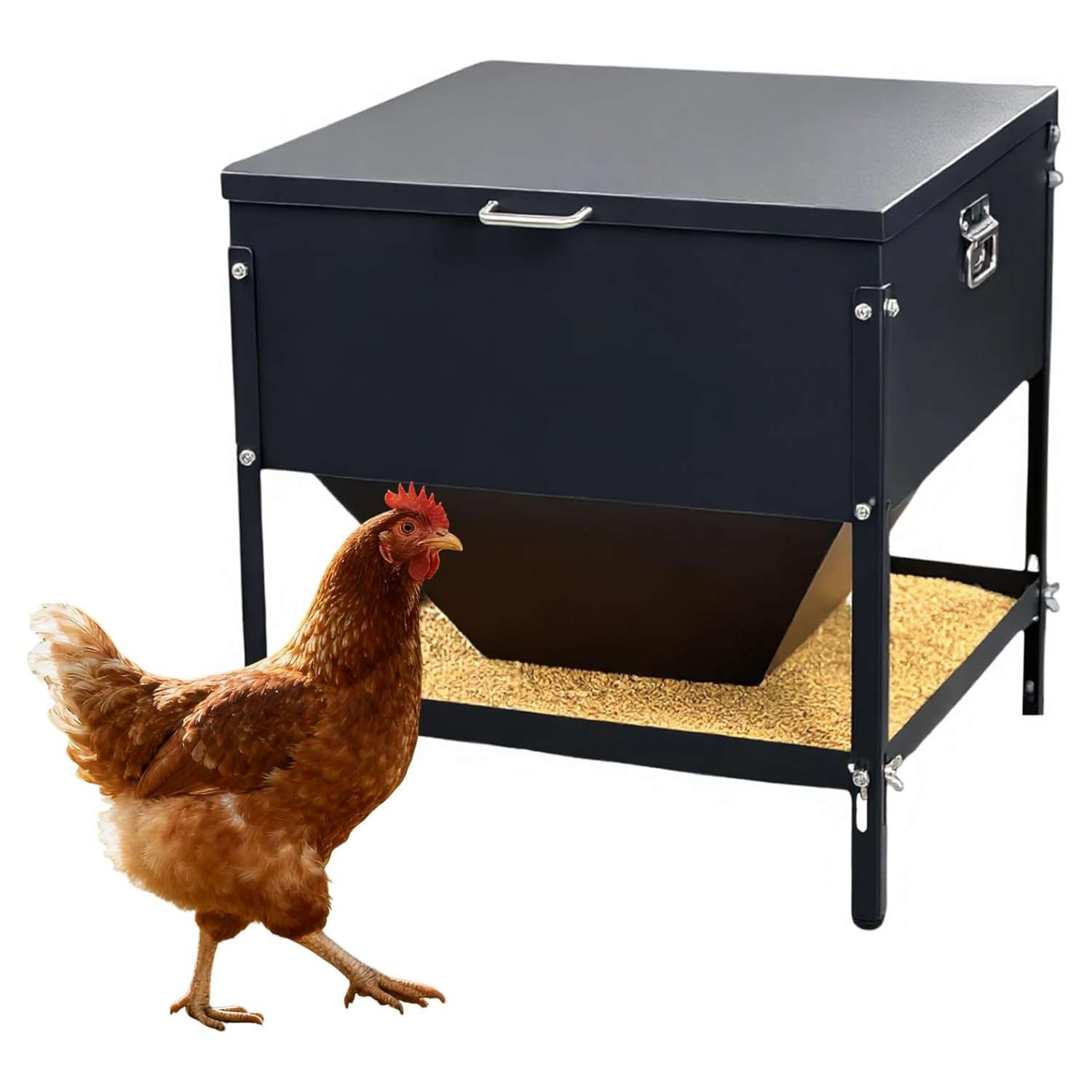 Comedero tolva de acero galvanizado de 36 kg para gallinas con alimentacion por 4 lados y gran capacidad.