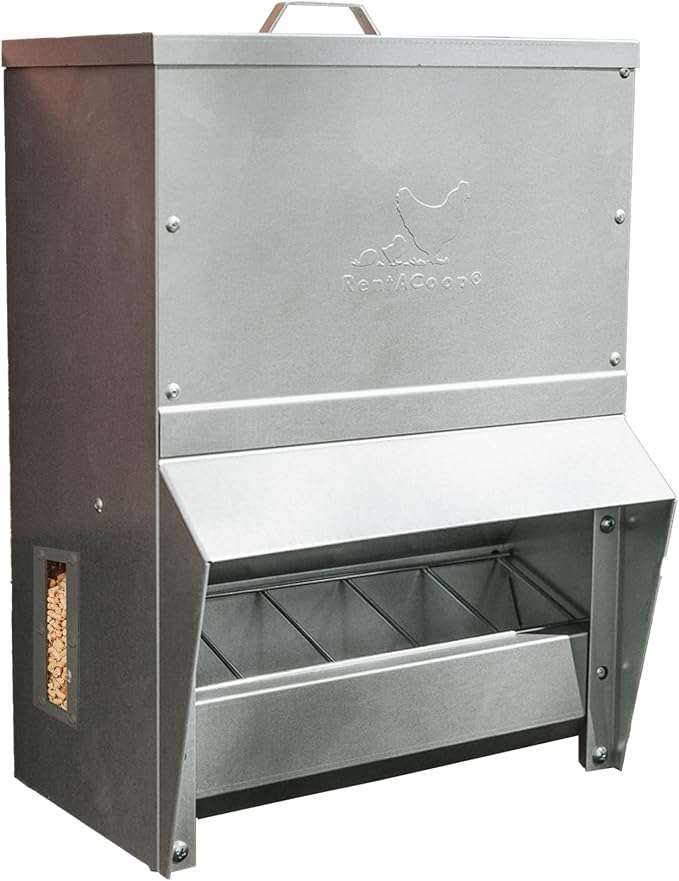 Comedero tolva de acero galvanizado para gallinas disponible en 4.5 kg 11 kg y 23 kg montaje en muro.