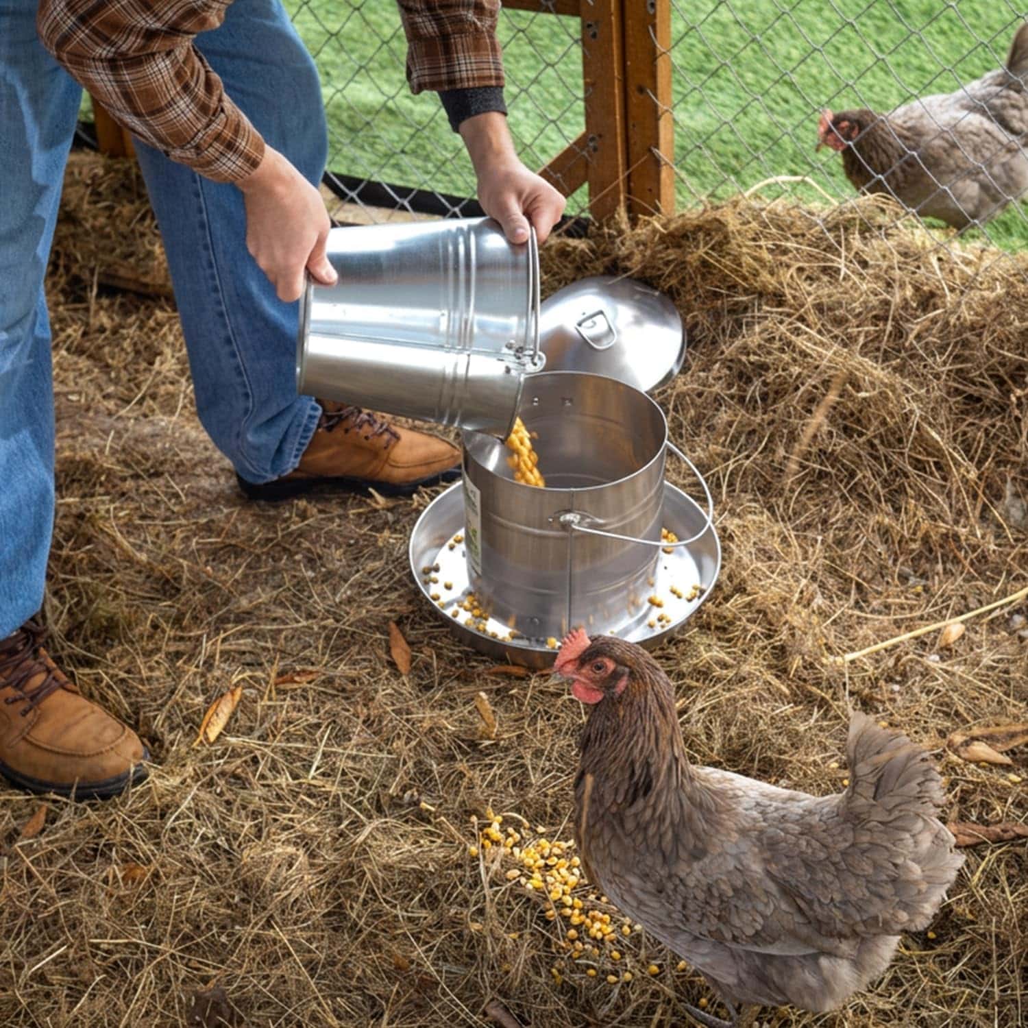 Comedero tolva de acero inoxidable para gallinas disponible en 3 kg 4 kg y 8 kg resistente al oxido.