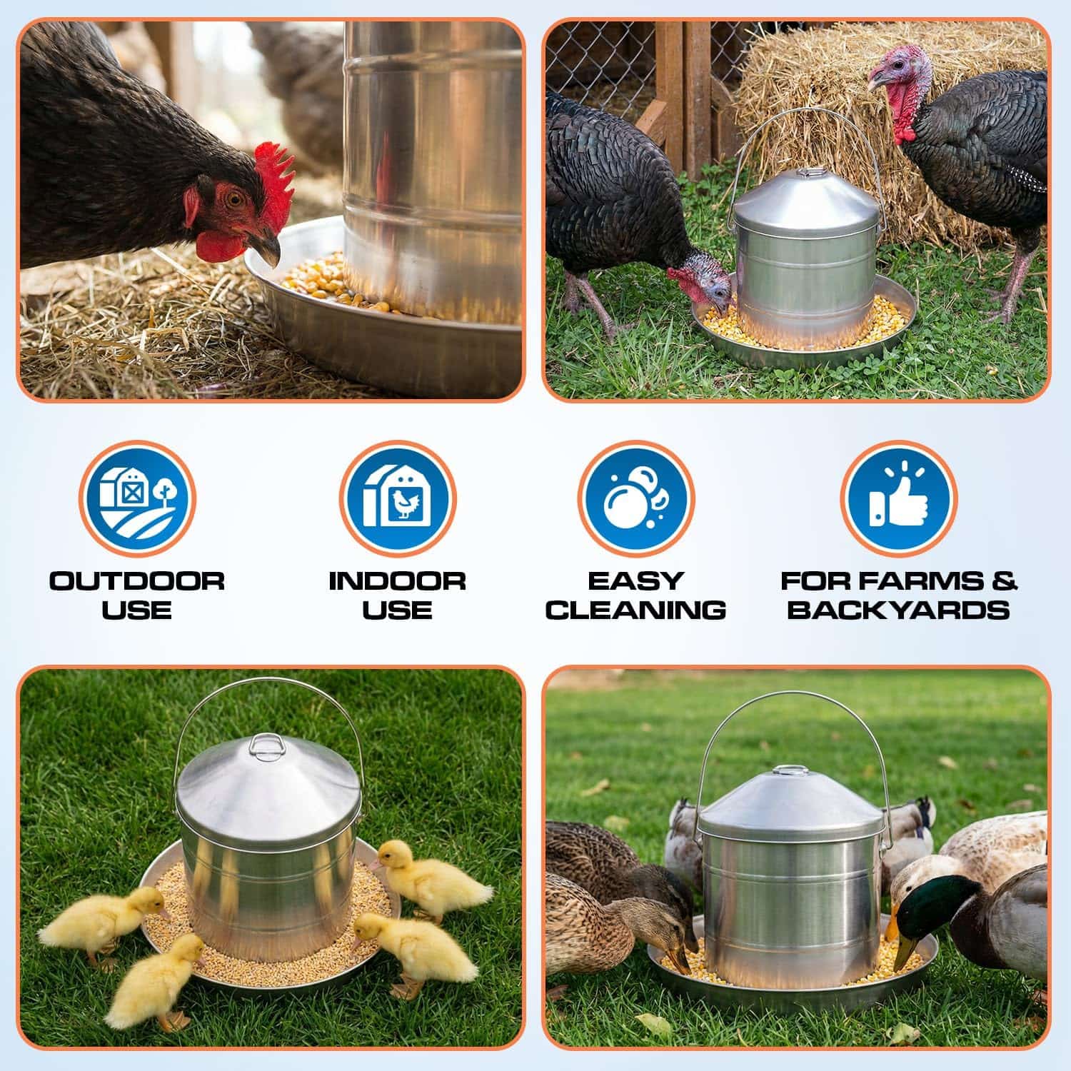 Comedero tolva de acero inoxidable para gallinas disponible en 3 kg 4 kg y 8 kg resistente al oxido.
