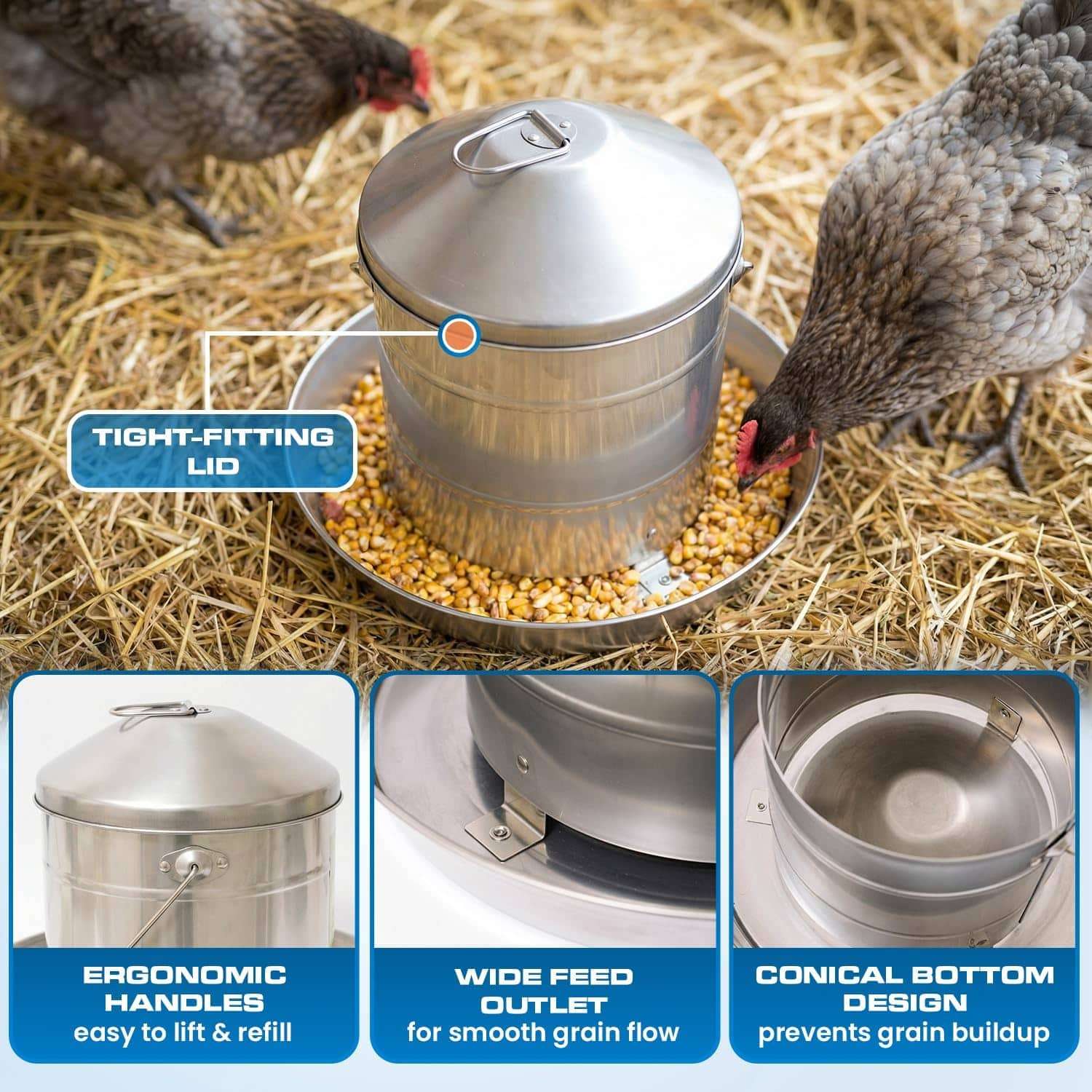 Comedero tolva de acero inoxidable para gallinas disponible en 3 kg 4 kg y 8 kg resistente al oxido.