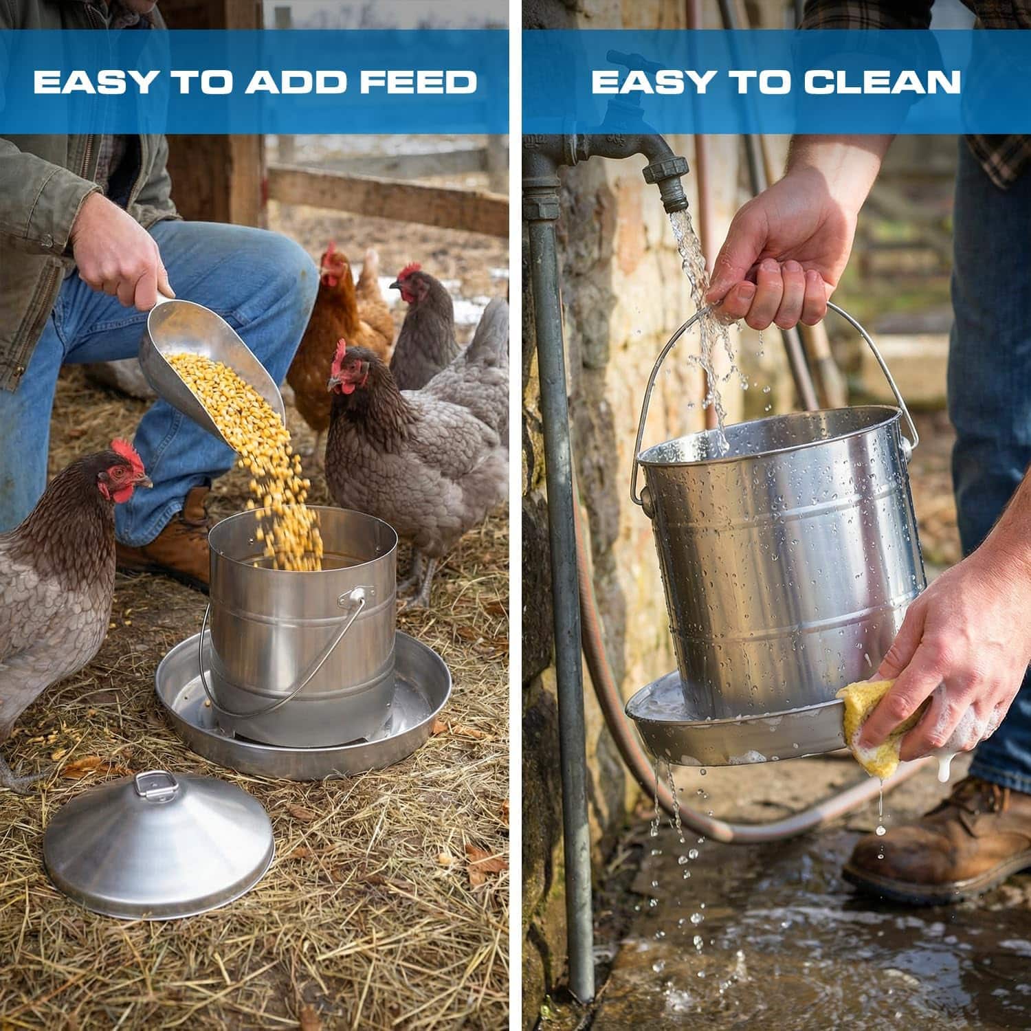 Comedero tolva de acero inoxidable para gallinas disponible en 3 kg 4 kg y 8 kg resistente al oxido.
