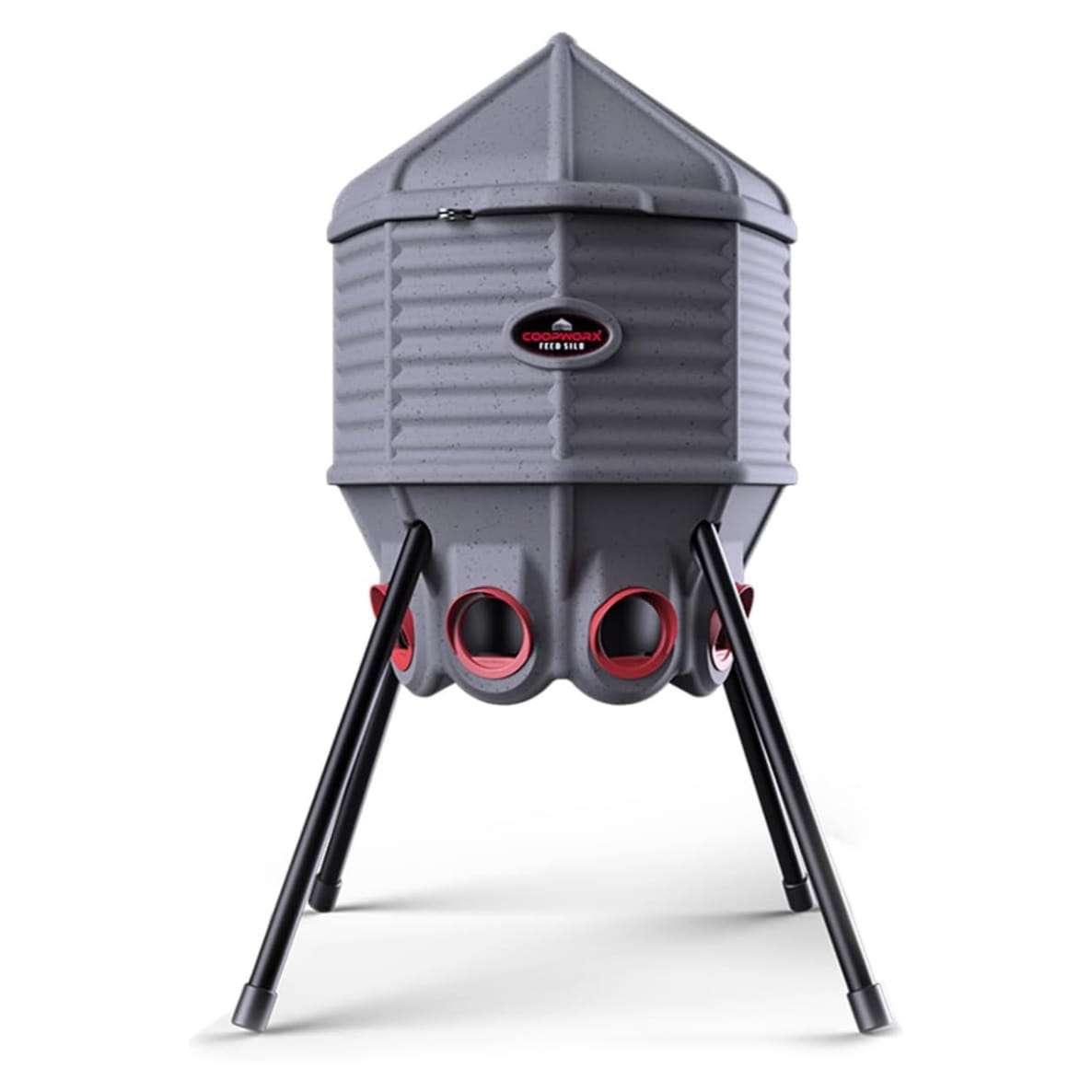 Comedero tolva gigante de 36 kg para gallinas con 8 puertos y patas ajustables para exterior.